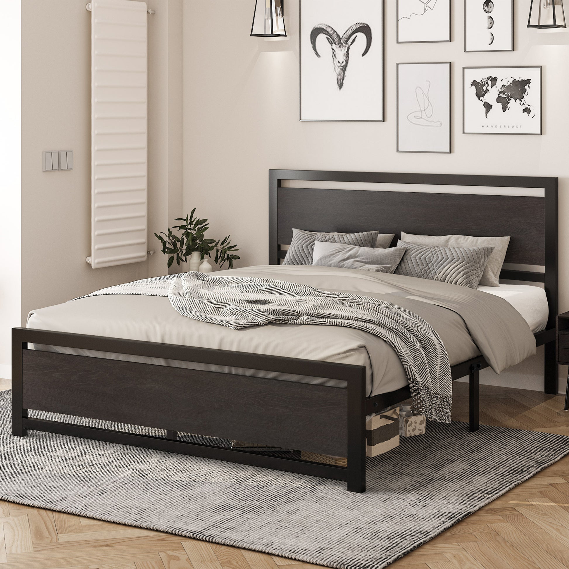 Einfach Metal Platform Bed Frame with Wooden Headboard & Footboard