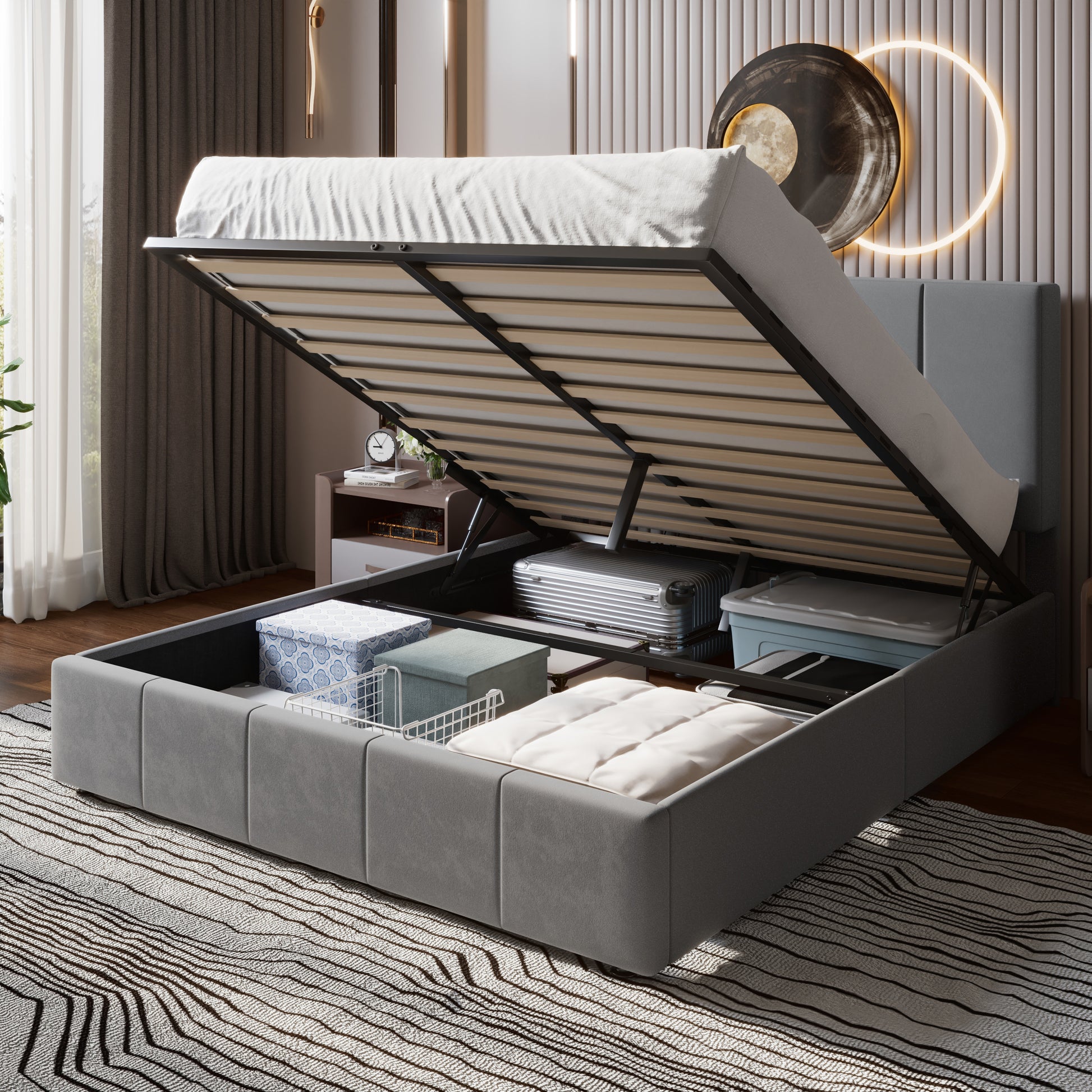 Einfach Storage Bed Frame, Lift Up Velvet Platform Bed with Adjustable Upholstered Headboard