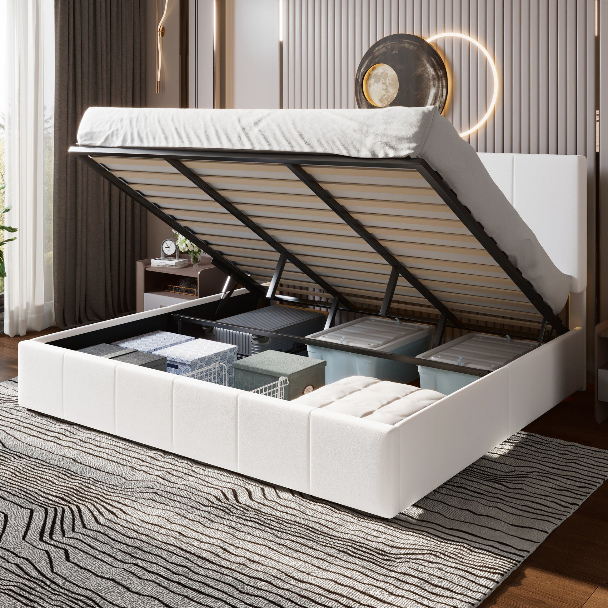 Einfach Storage Bed Frame, Lift Up Velvet Platform Bed with Adjustable Upholstered Headboard