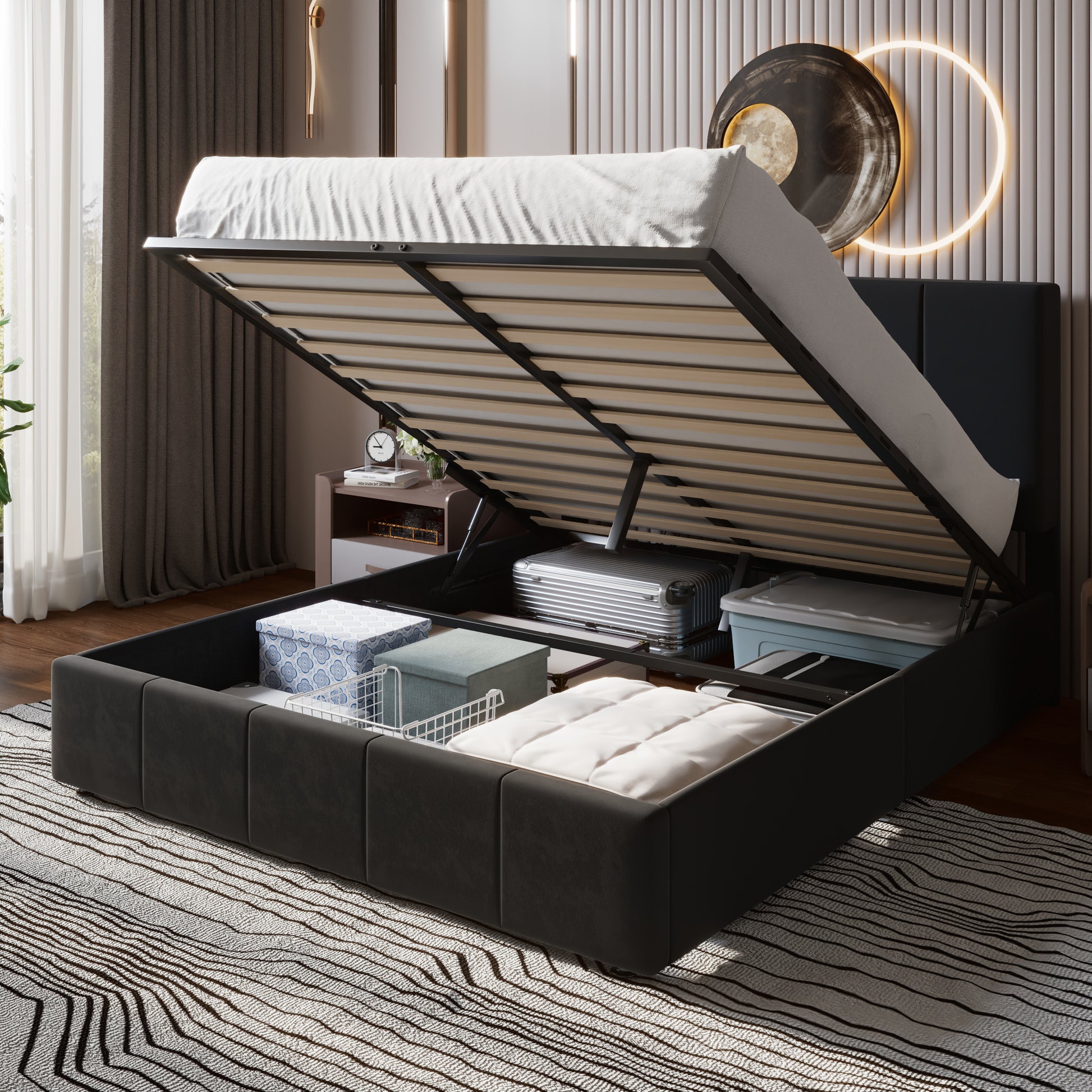 Einfach Storage Bed Frame, Lift Up Velvet Platform Bed with Adjustable Upholstered Headboard