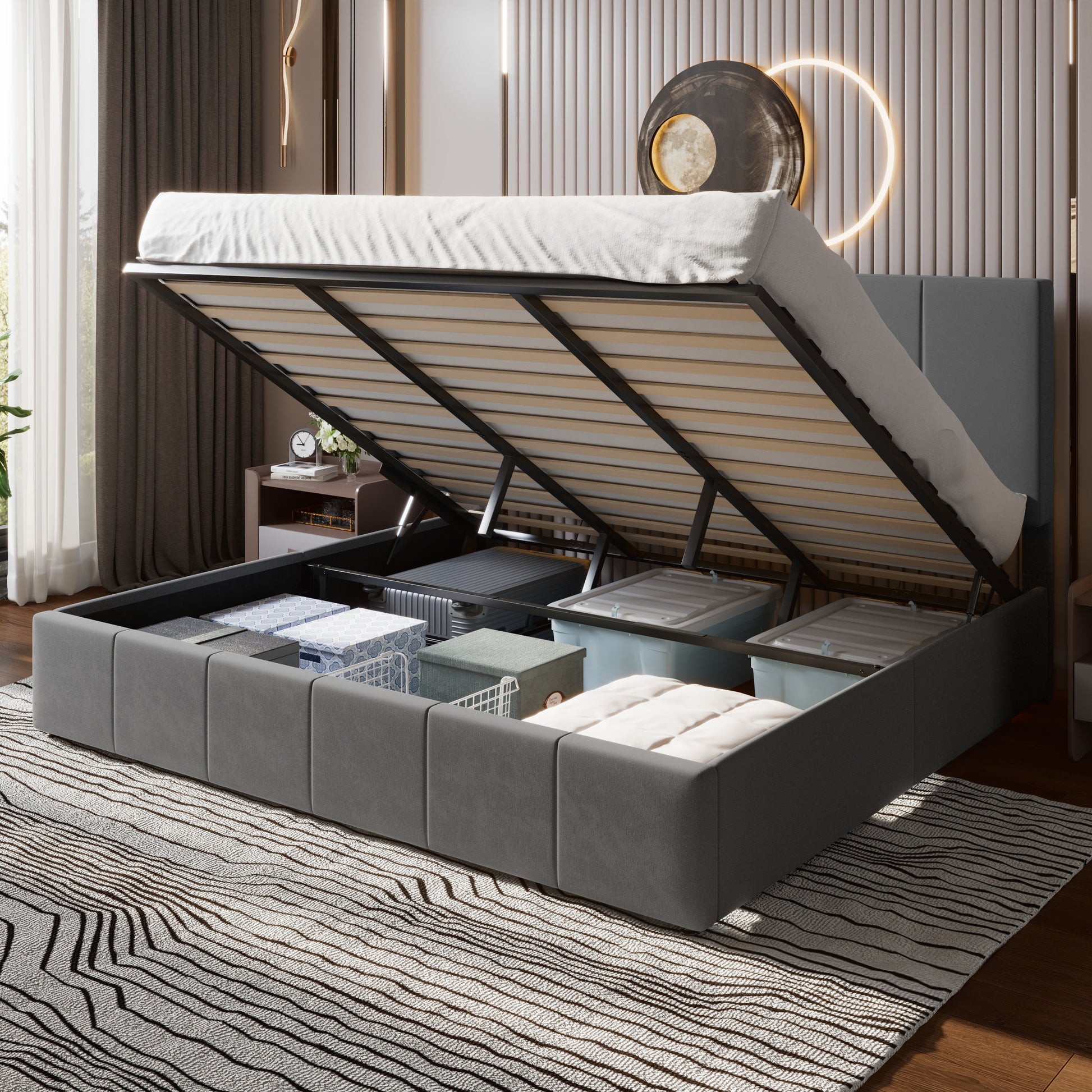 Einfach Storage Bed Frame, Lift Up Velvet Platform Bed with Adjustable Upholstered Headboard