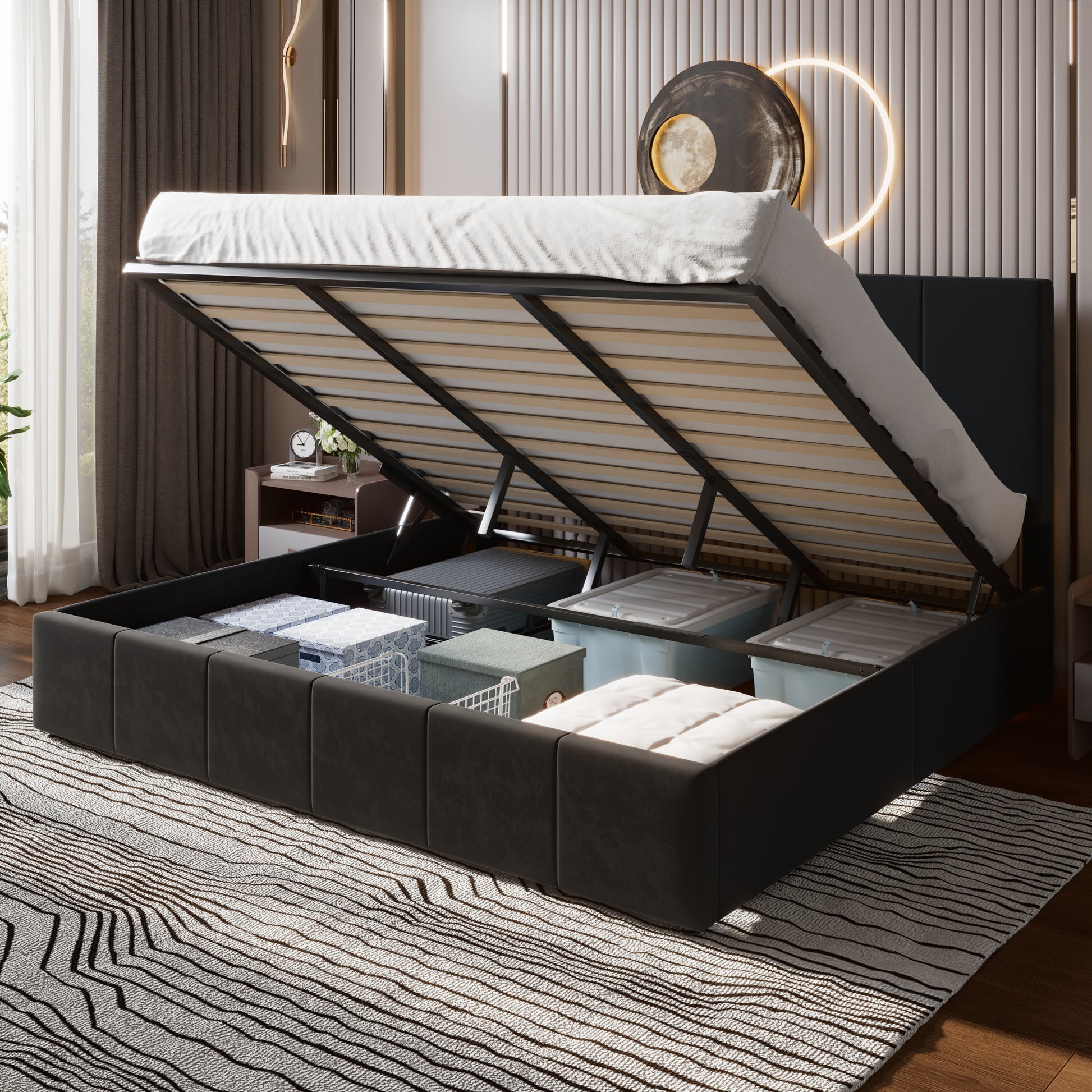 Einfach Storage Bed Frame, Lift Up Velvet Platform Bed with Adjustable Upholstered Headboard