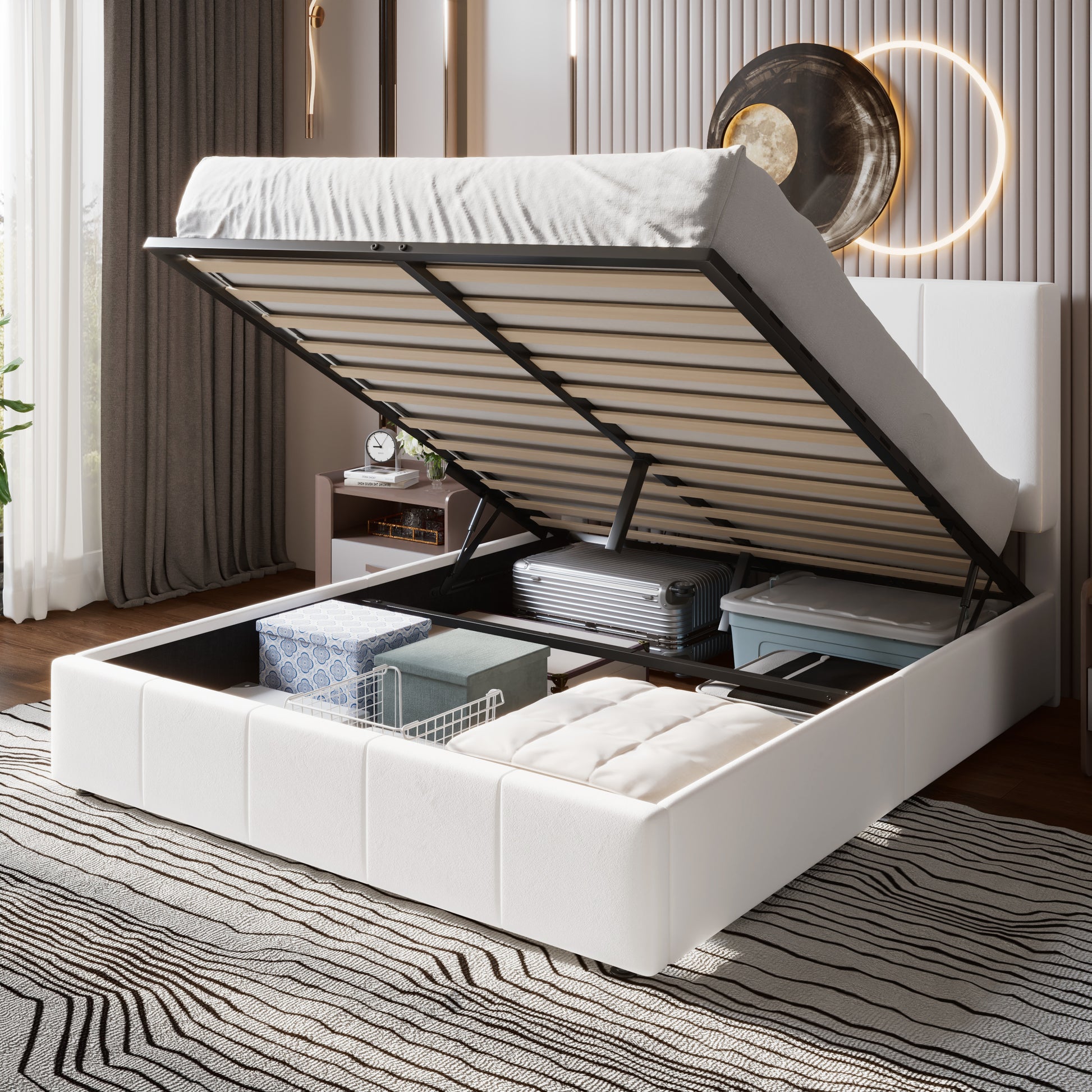 Einfach Storage Bed Frame, Lift Up Velvet Platform Bed with Adjustable Upholstered Headboard