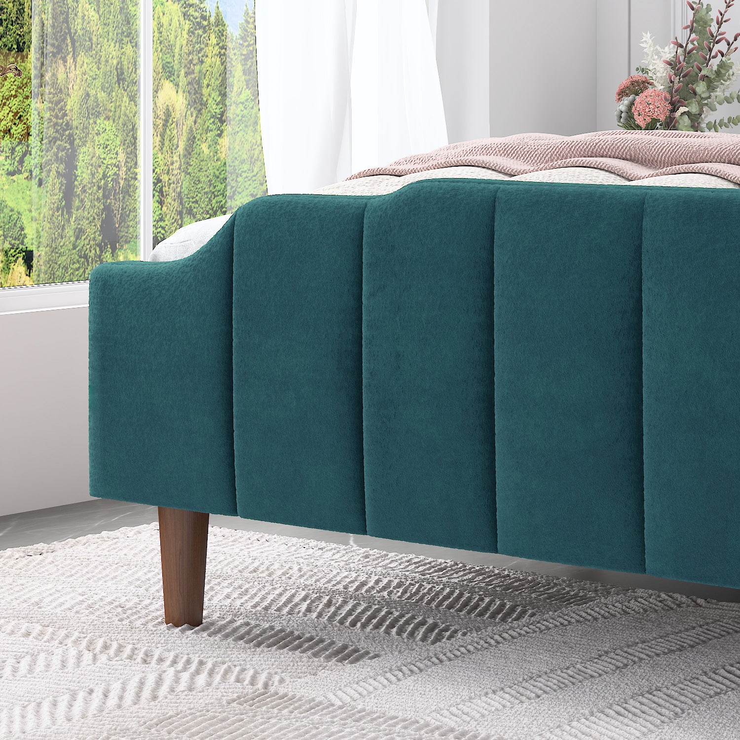 Einfach Queen Upholstered Platform Bed with Velvet Wingback