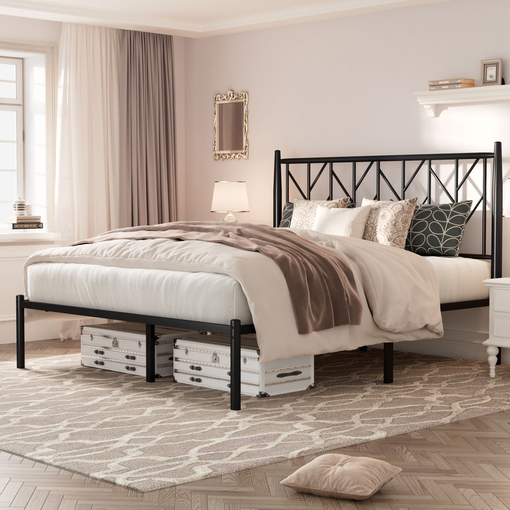 Einfach Metal Platform Bed Frame with Vintage Headboard, Under-Bed Storage