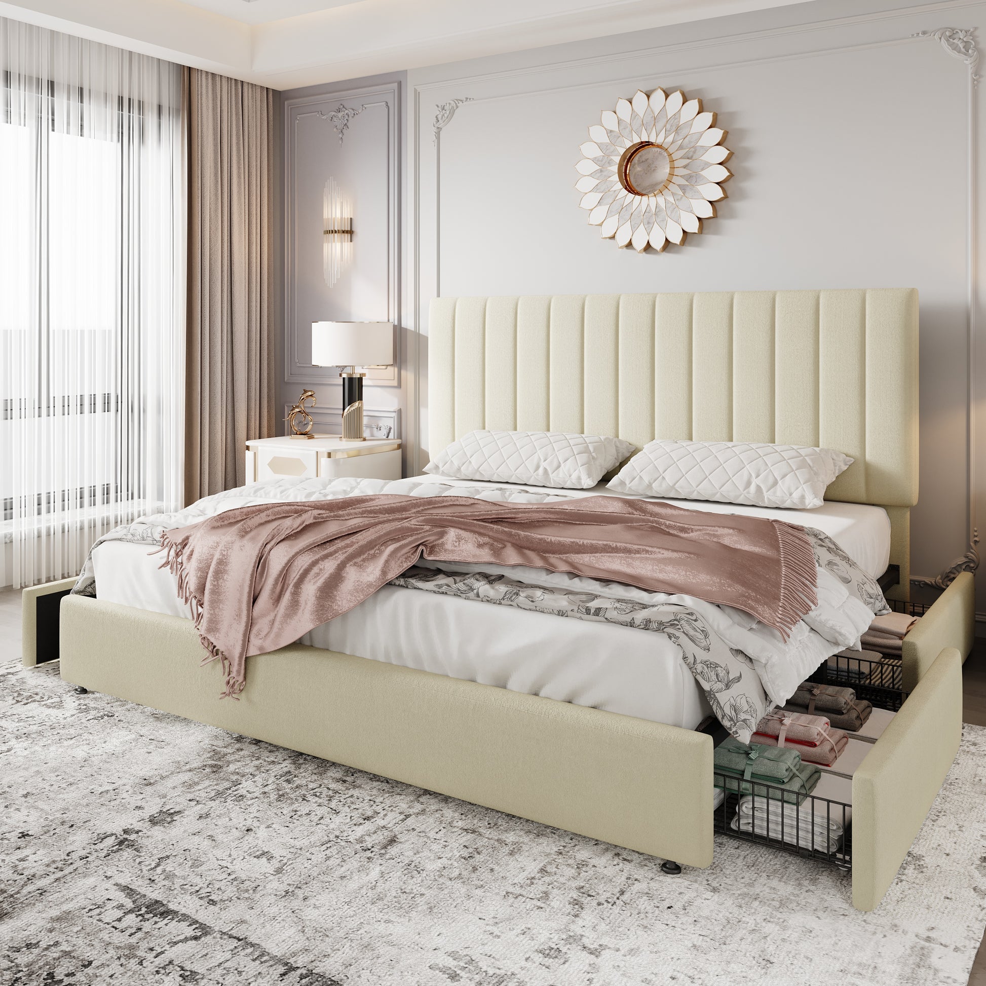 Einfach Bed Frame with Adjustable Upholstered Velvet Headboard and 4 Storage Drawers