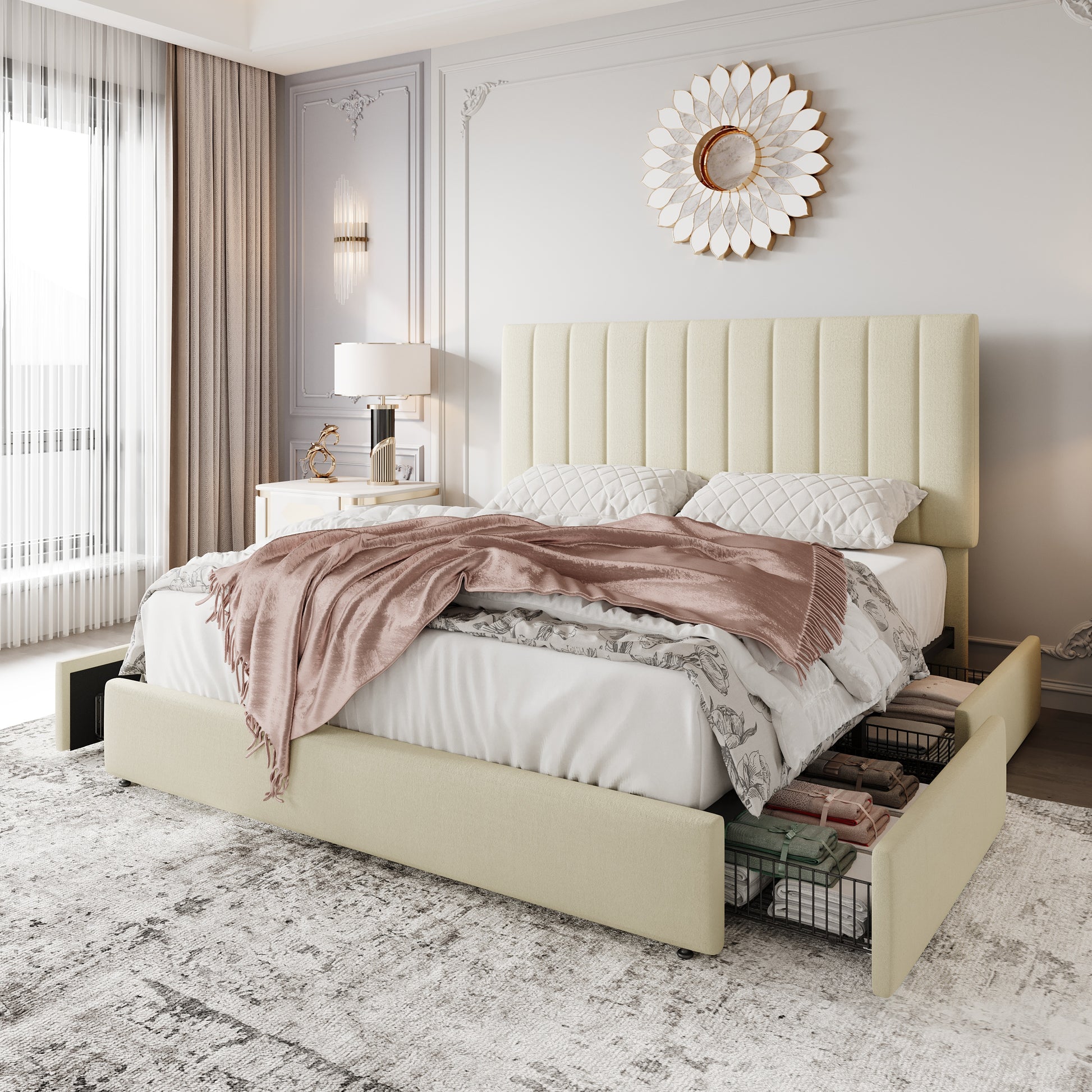 Einfach Bed Frame with Adjustable Upholstered Velvet Headboard and 4 Storage Drawers