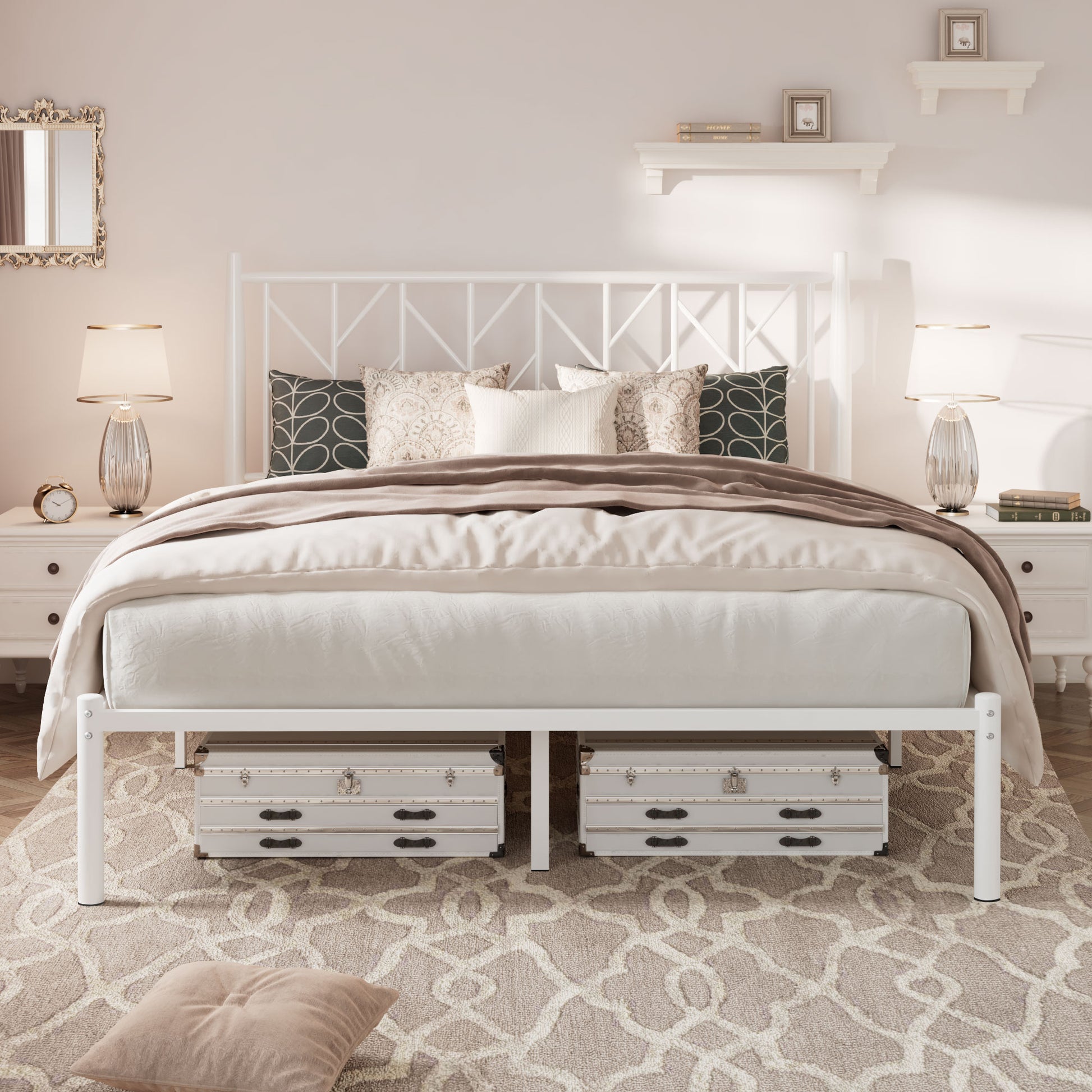 Einfach Metal Platform Bed Frame with Vintage Headboard, Under-Bed Storage
