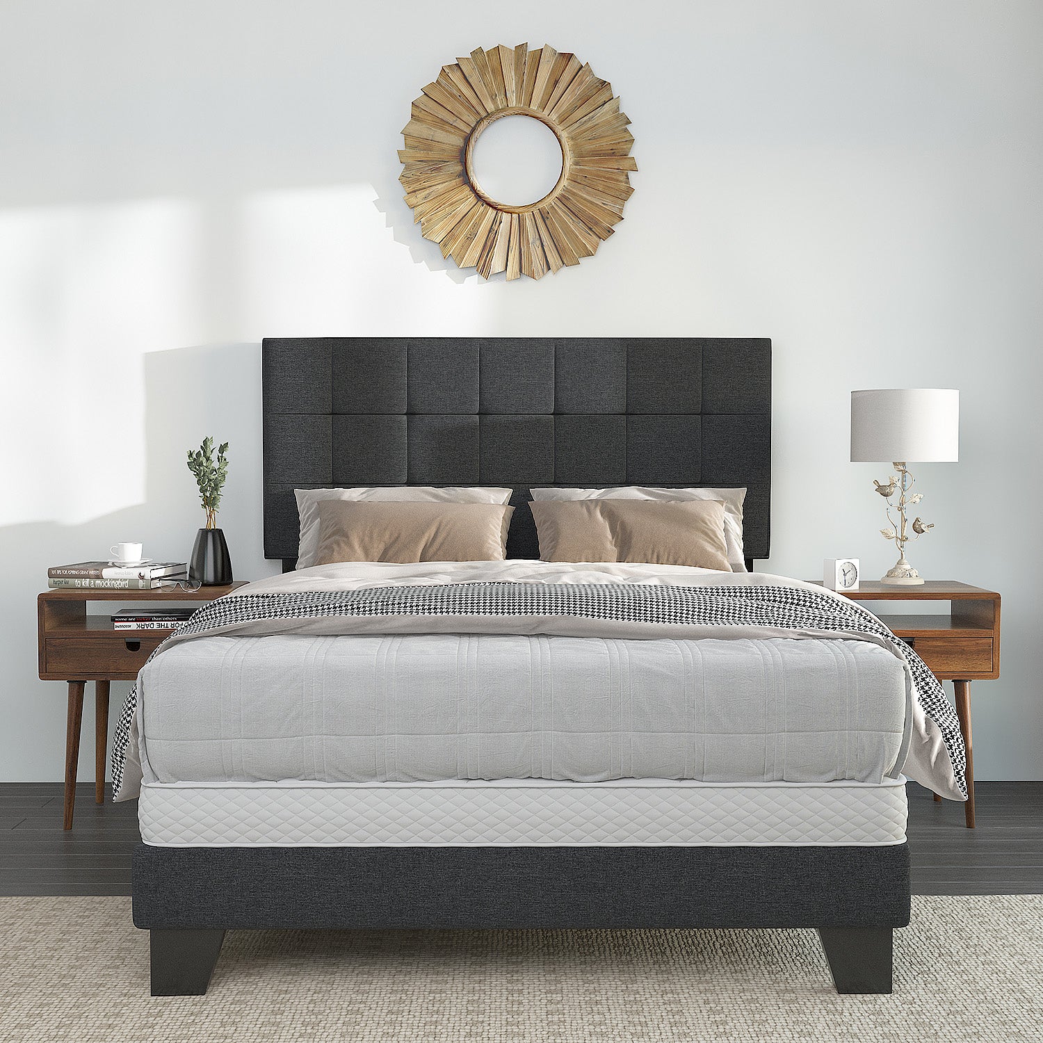 Einfach Fabric Upholstered Panel Bed with Adjustable Headboard