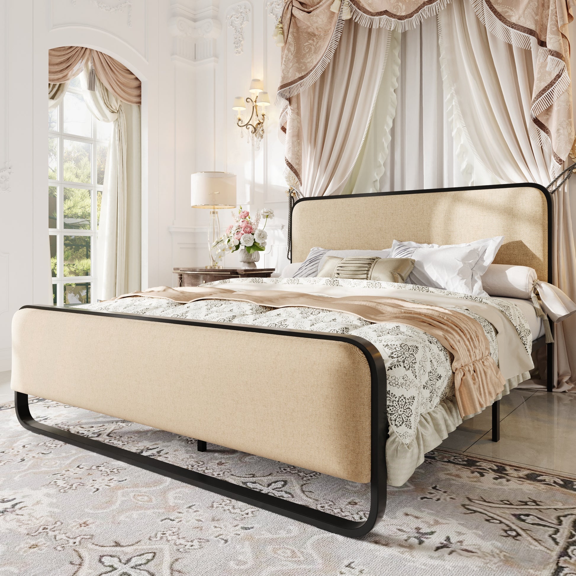 Einfach Bed Frame, Upholstered Platform Bed with Velvet Curved Headboard and Footboard, No Box Spring Needed