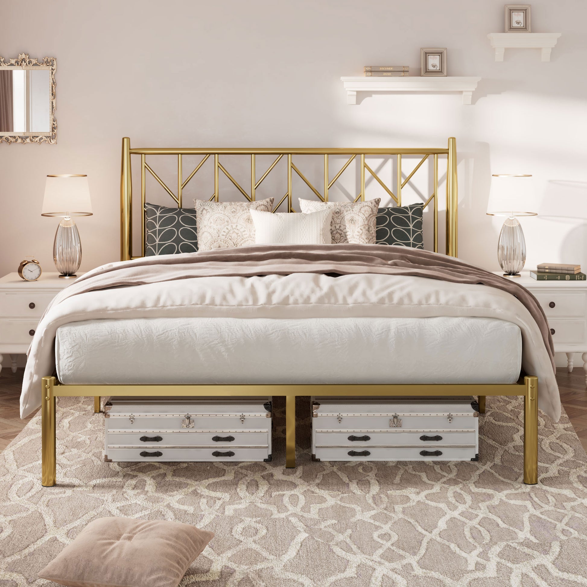 Einfach Metal Platform Bed Frame with Vintage Headboard, Under-Bed Storage