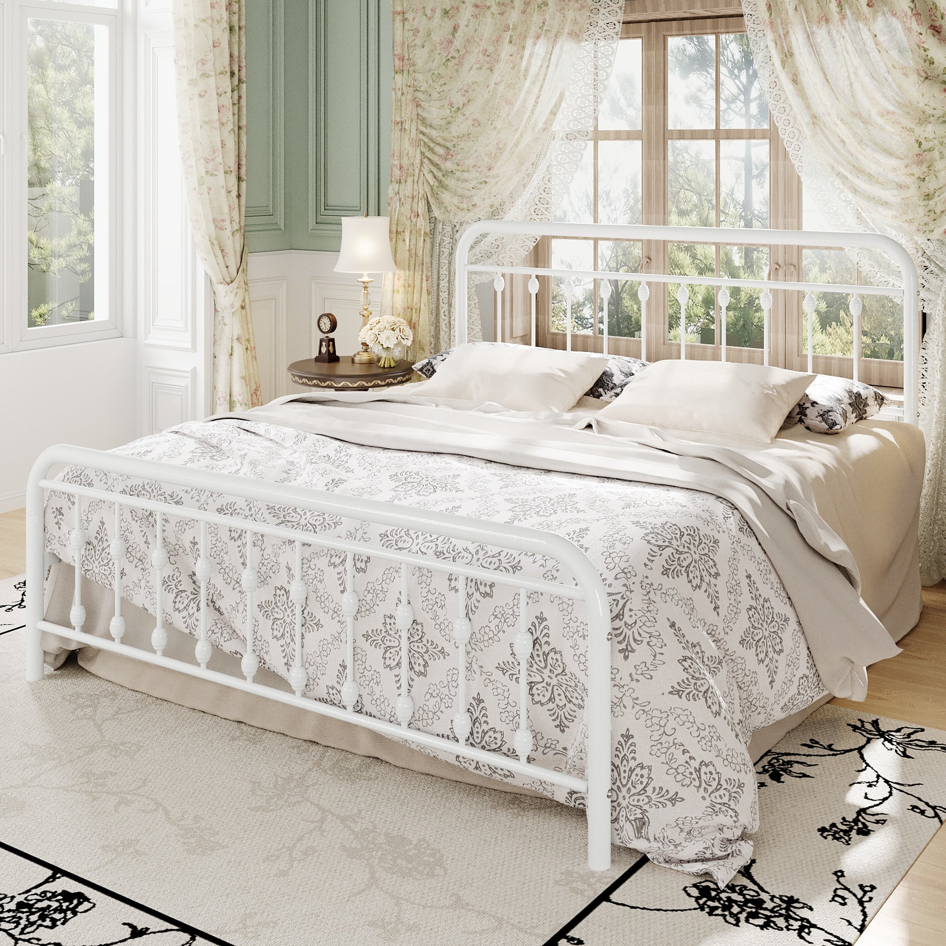 Einfach Bed Frame, Metal Platform Bed with Vintage Headboard, No Box Spring Needed, Heavy Duty