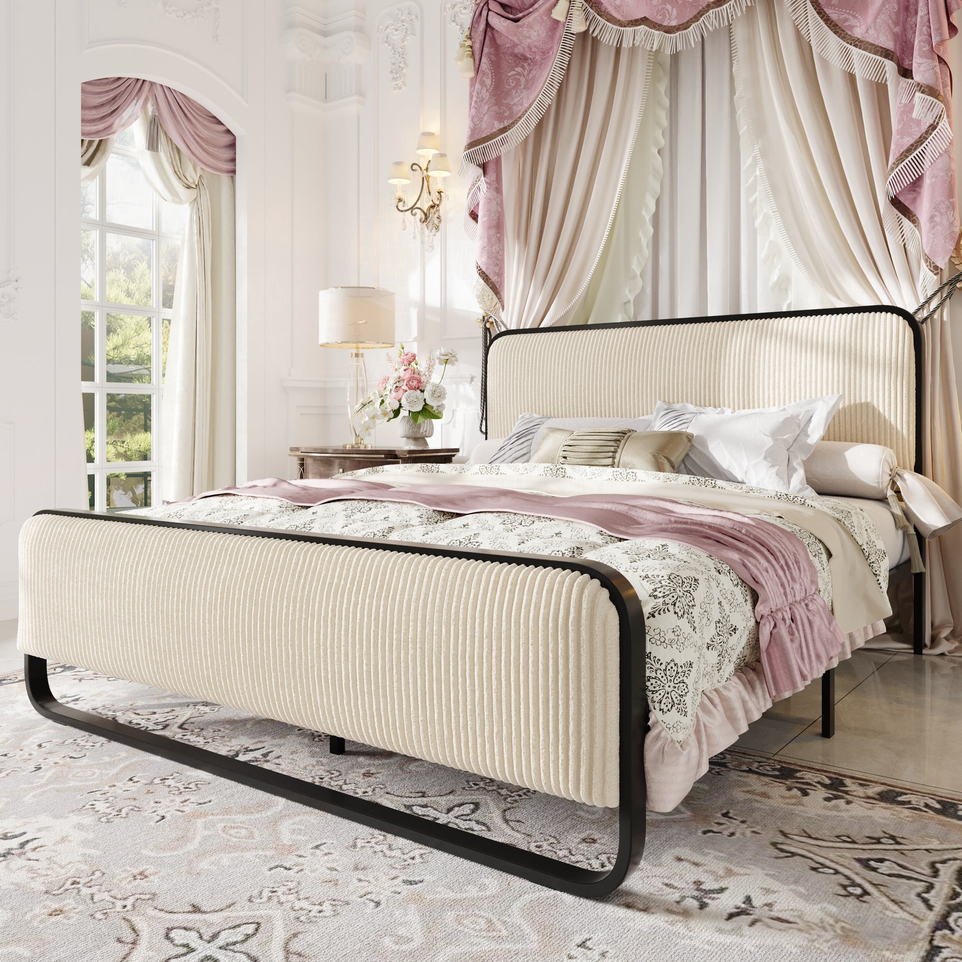 Einfach Bed Frame, Upholstered Platform Bed with Velvet Curved Headboard and Footboard, No Box Spring Needed