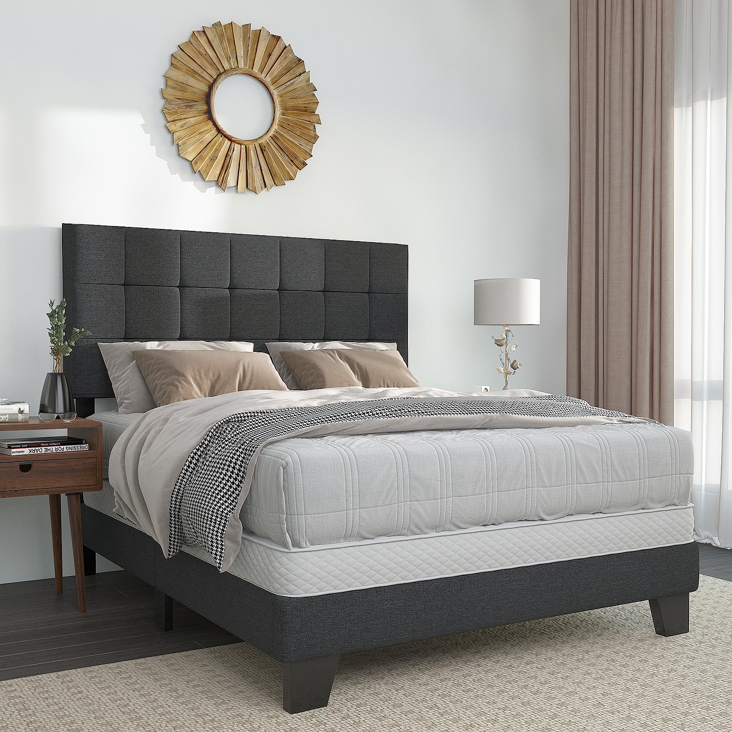 Einfach Fabric Upholstered Panel Bed with Adjustable Headboard
