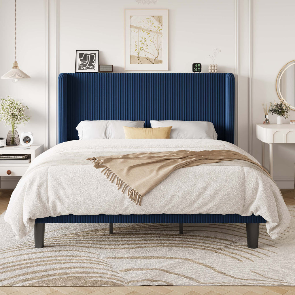 Einfach Luxury Channel-Tufted Corduroy Velvet Platform Bed Frame with Wingback Headboard