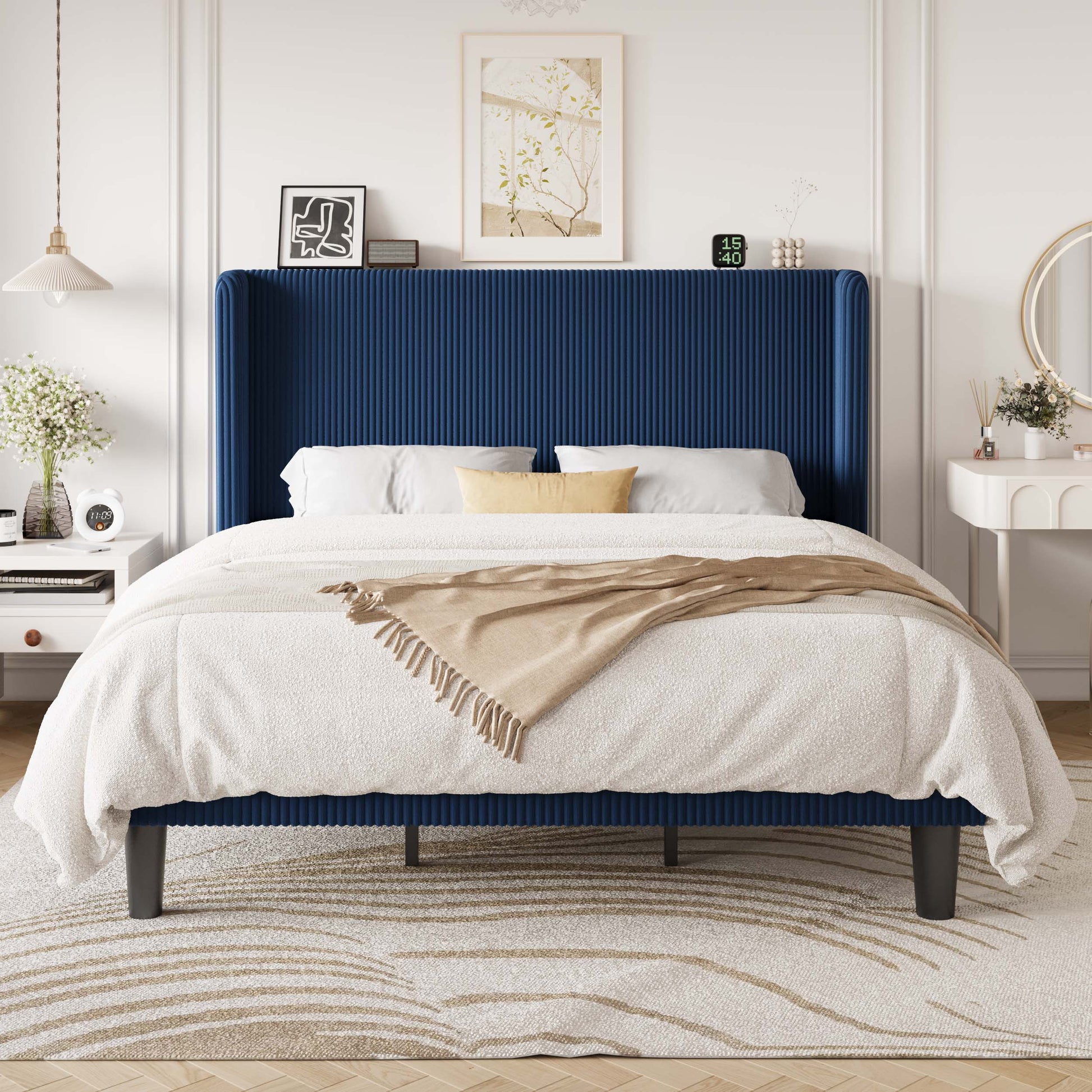 Einfach Luxury Channel-Tufted Corduroy Velvet Platform Bed Frame with Wingback Headboard