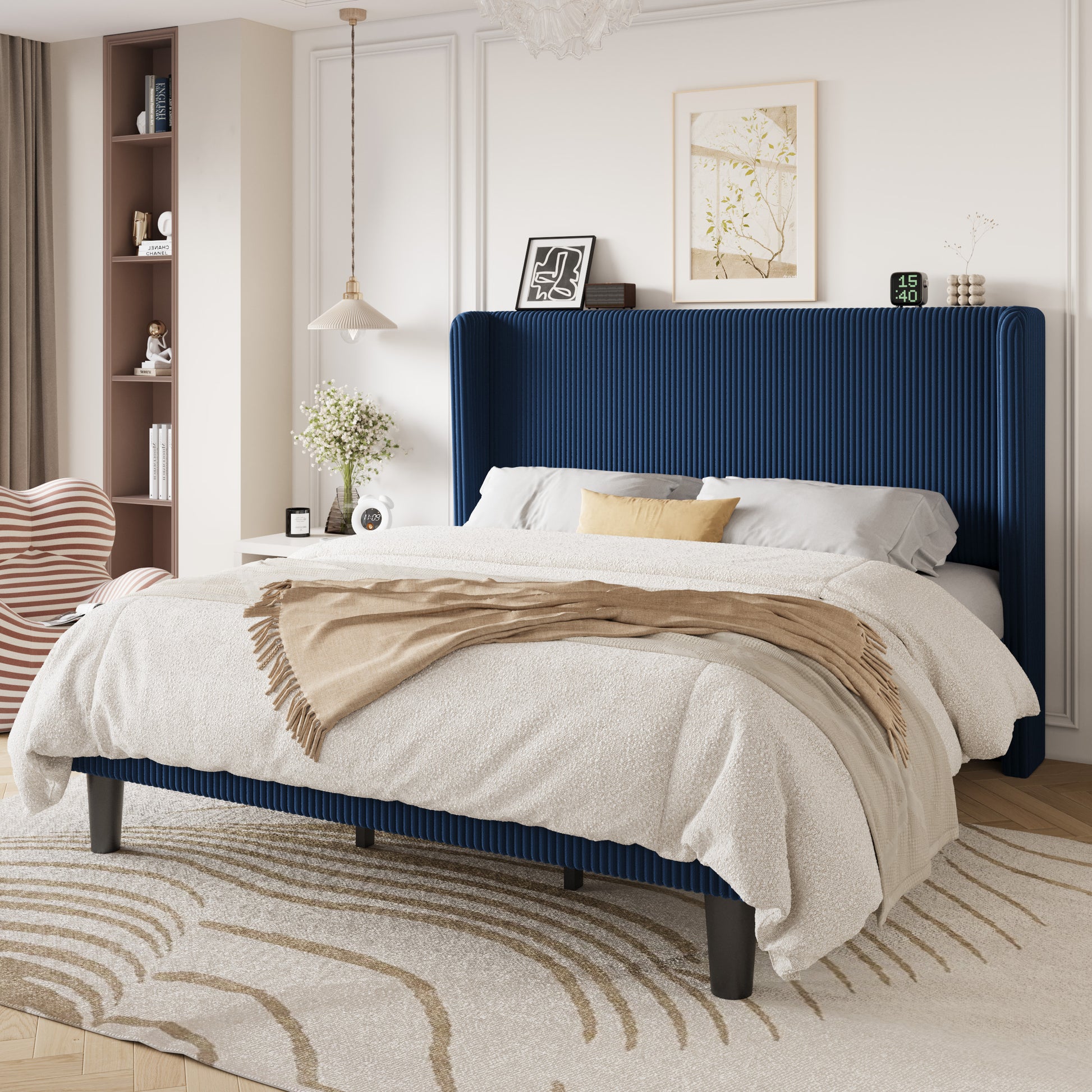 Einfach Luxury Channel-Tufted Corduroy Velvet Platform Bed Frame with Wingback Headboard