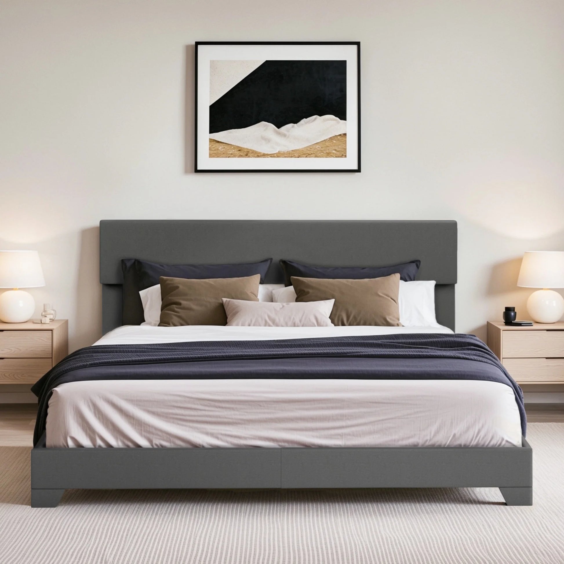 Einfach Leather Upholstered Bed Frame with Adjustable Headboard, No Box Spring Needed, Low