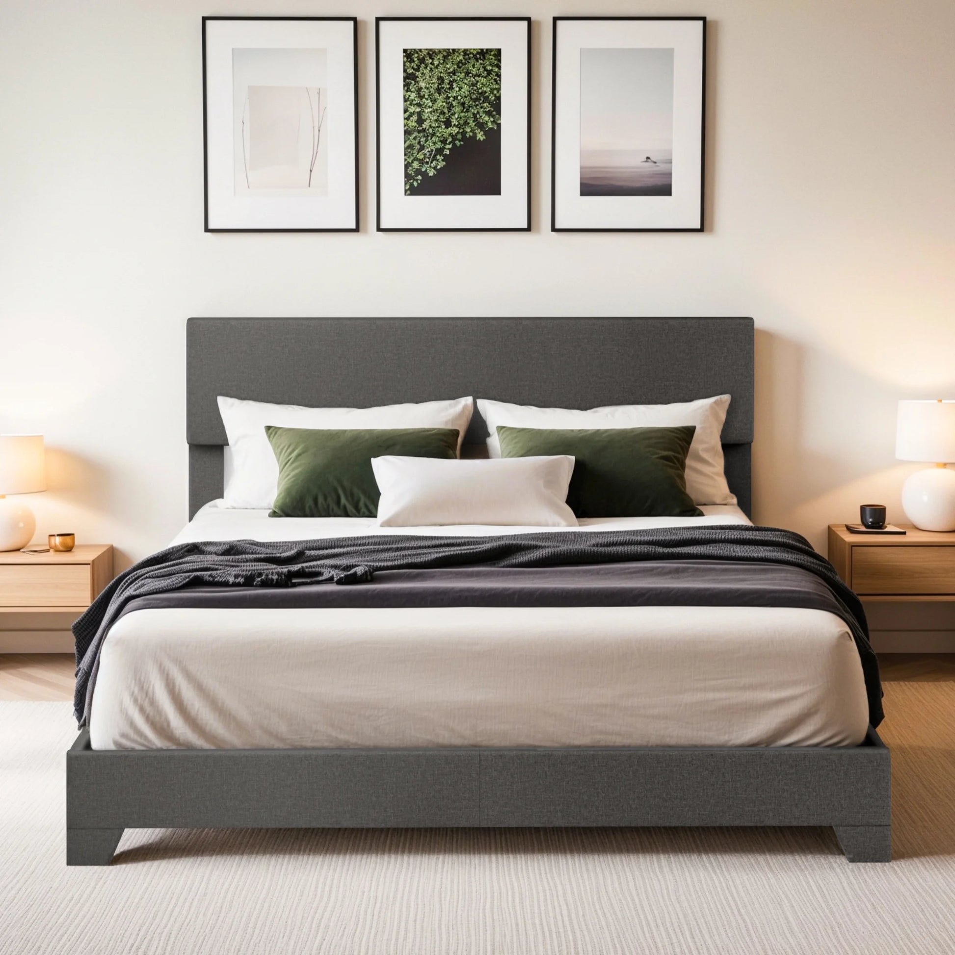 Einfach Leather Upholstered Bed Frame with Adjustable Headboard, No Box Spring Needed, Low