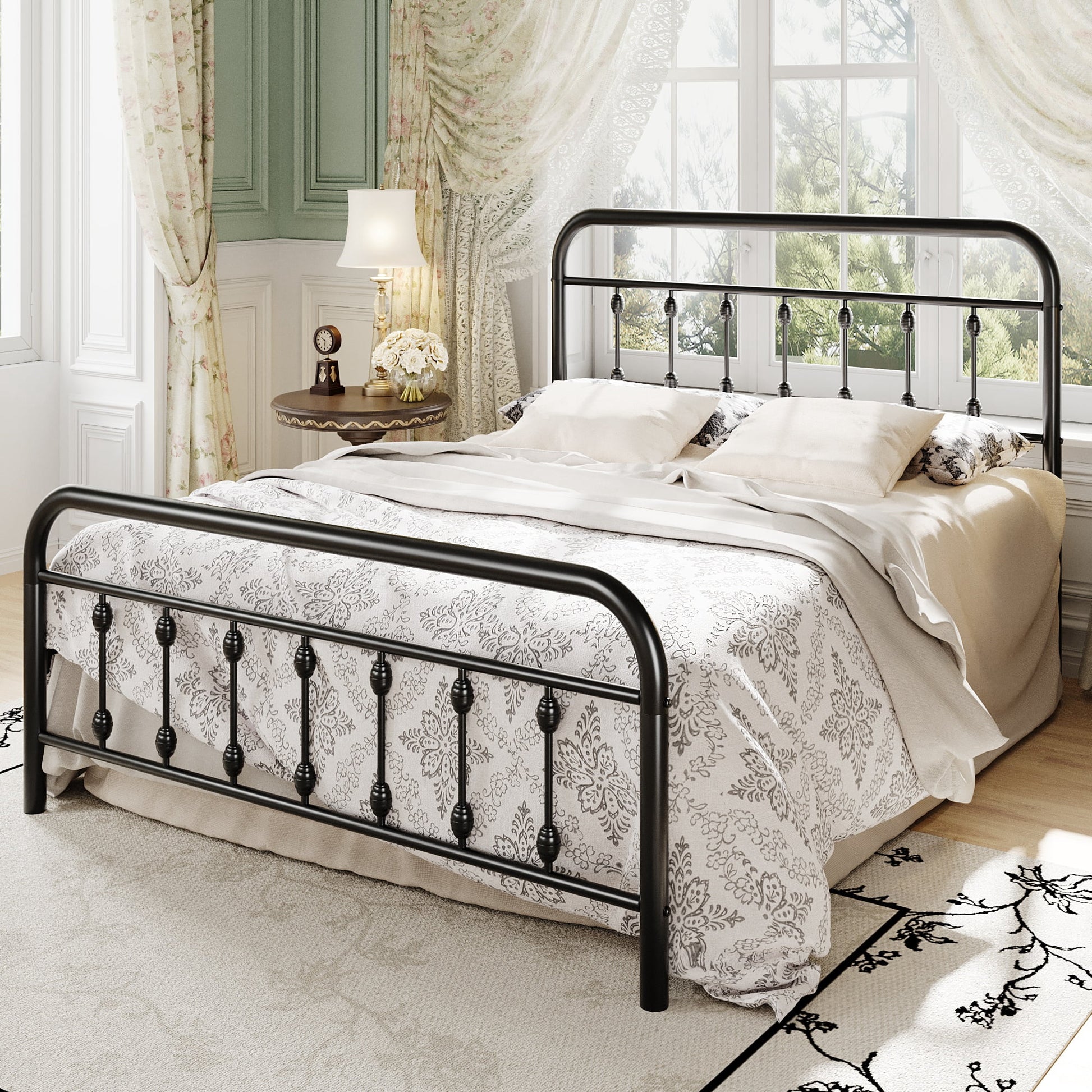 Einfach Bed Frame, Metal Platform Bed with Vintage Headboard, No Box Spring Needed, Heavy Duty