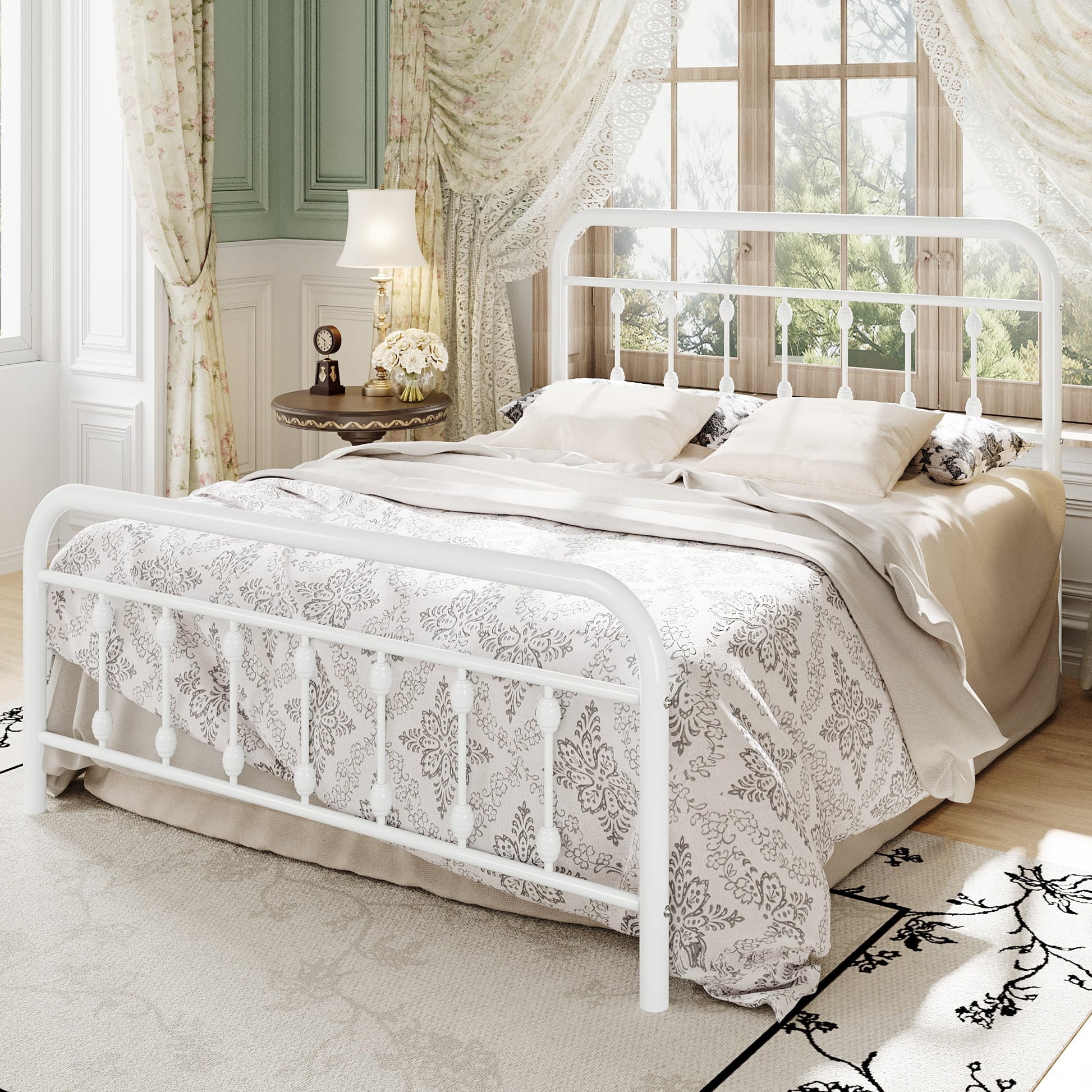 Einfach Bed Frame, Metal Platform Bed with Vintage Headboard, No Box Spring Needed, Heavy Duty