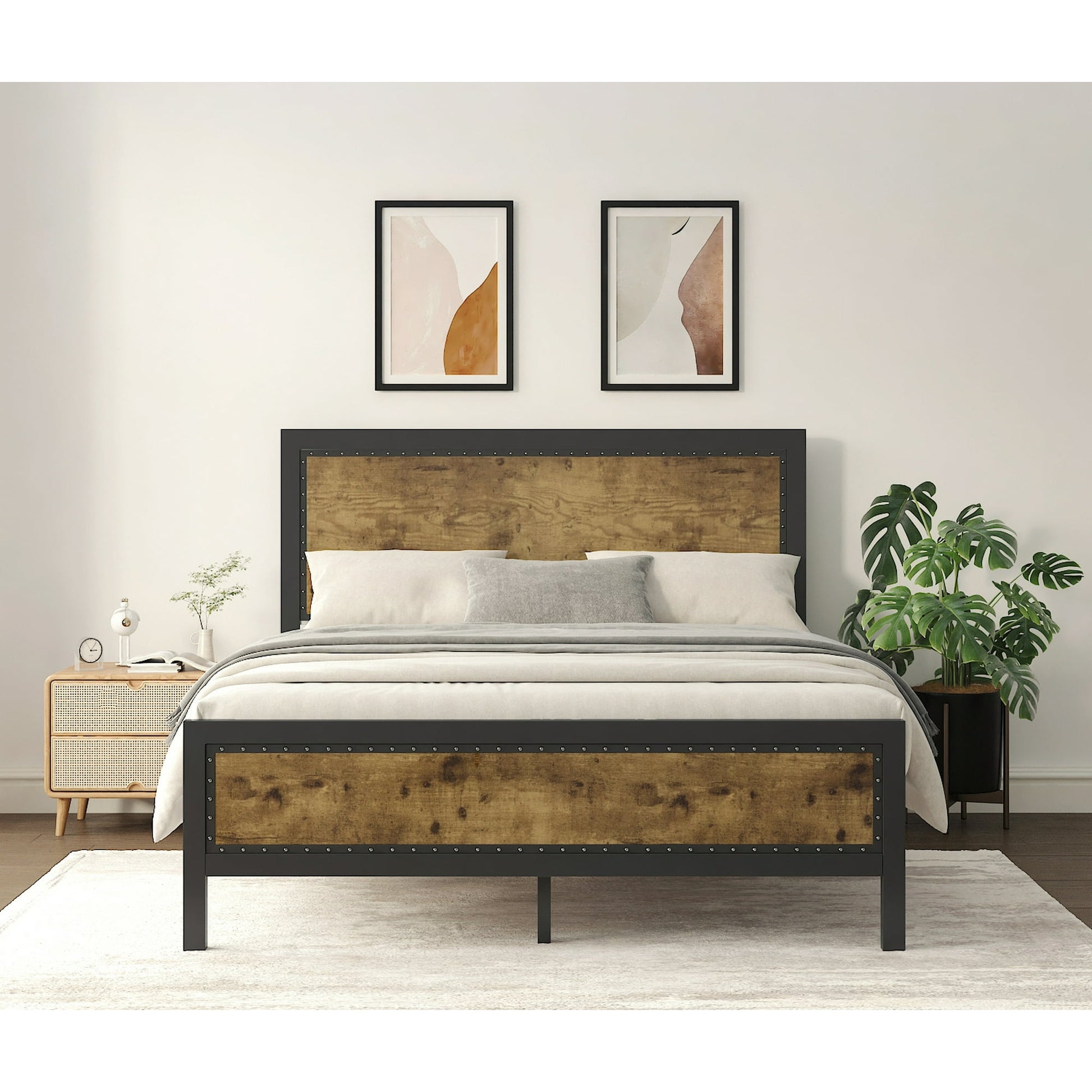 Einfach  Metal Bed with Solid MDF Headboard & Footboard, Rivet Decoration