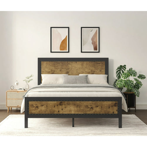 Einfach  Metal Bed with Solid MDF Headboard & Footboard, Rivet Decoration