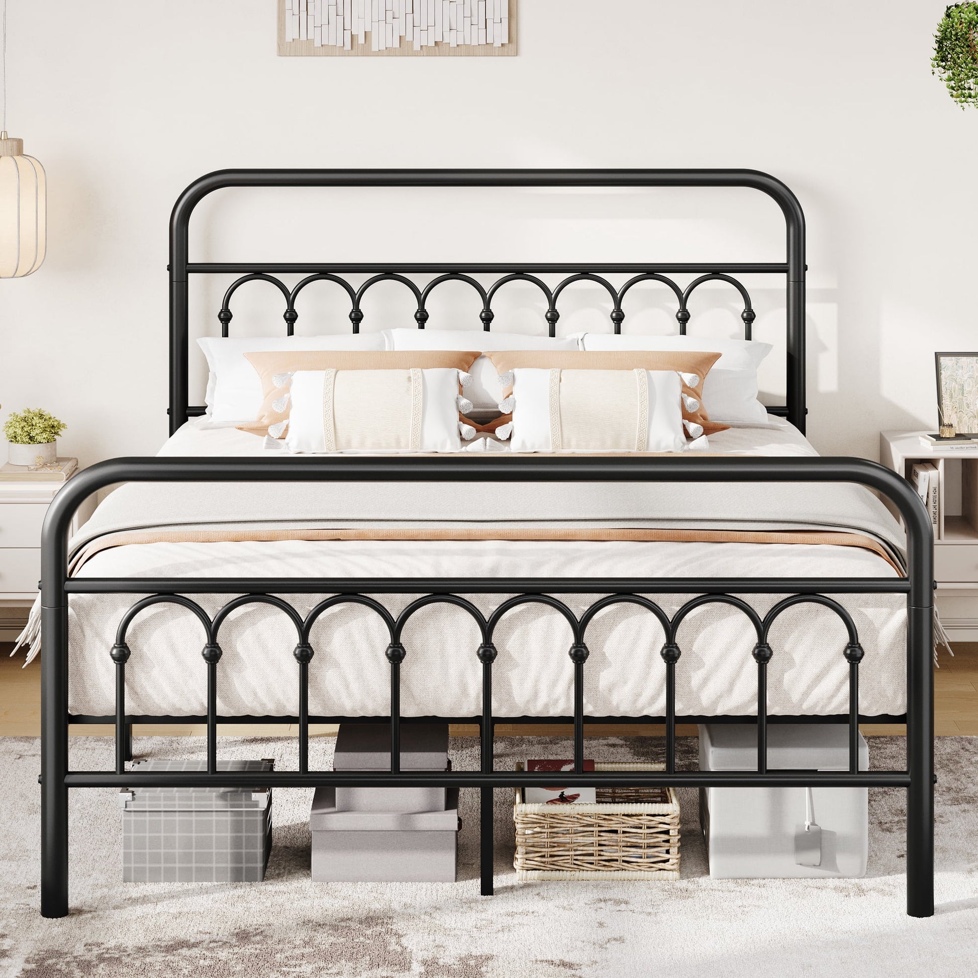 Einfach Twin Size Metal Platform Bed Frame with Arched Retro Headboard, Heavy-Duty Metal Support, Under-Bed Storage Space, Black
