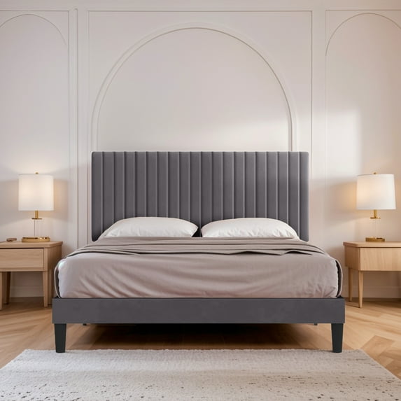 Einfach Platform Bed Frame with Upholstered Adjustable Velvet Vertical Tufted Headboard