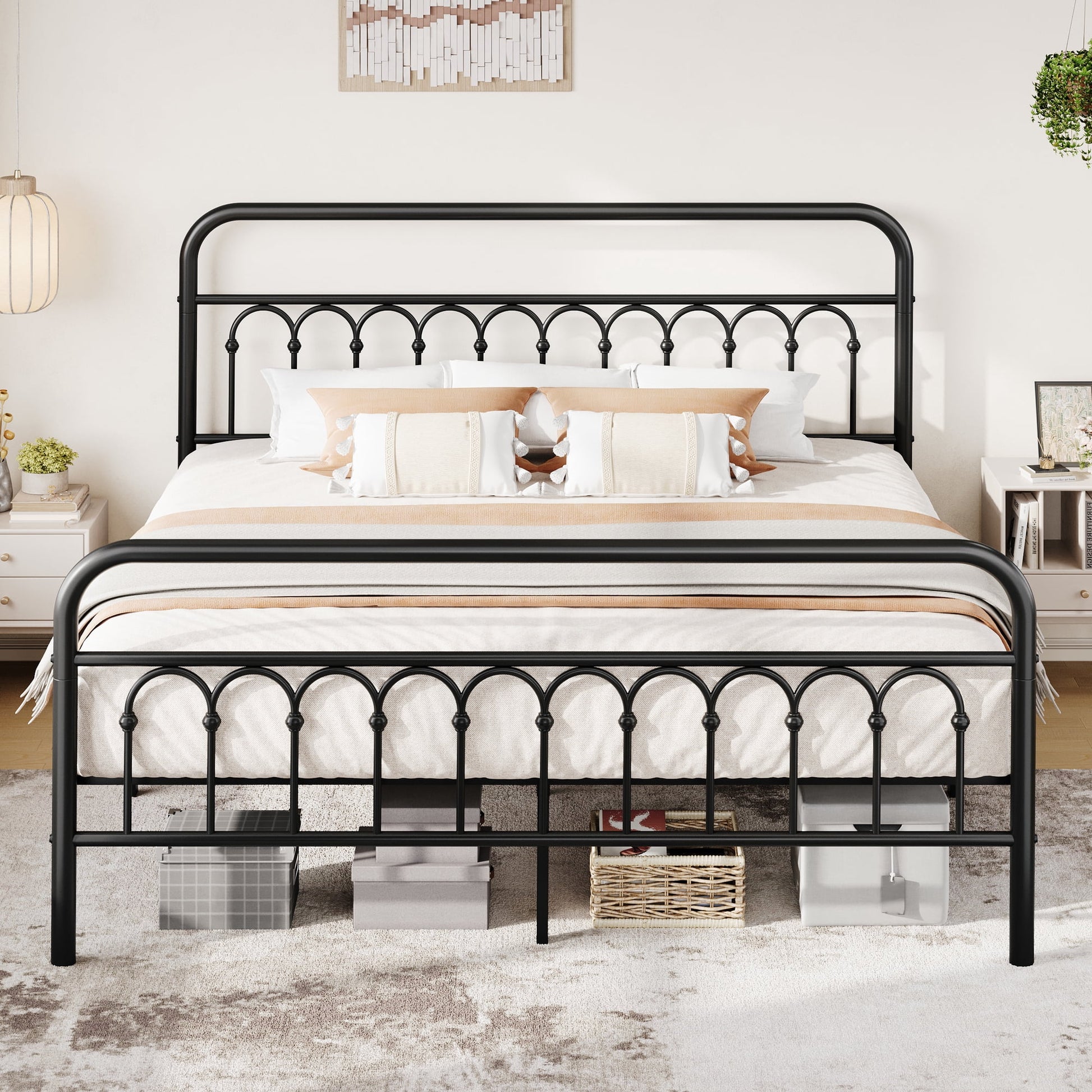 Einfach Twin Size Metal Platform Bed Frame with Arched Retro Headboard, Heavy-Duty Metal Support, Under-Bed Storage Space, Black