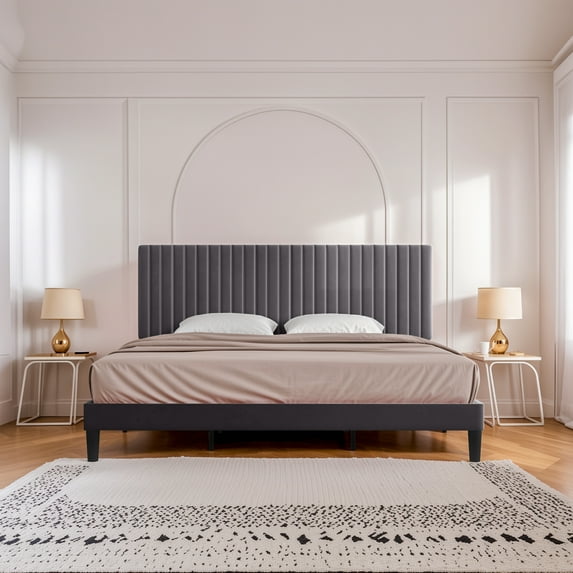 Einfach Platform Bed Frame with Upholstered Adjustable Velvet Vertical Tufted Headboard