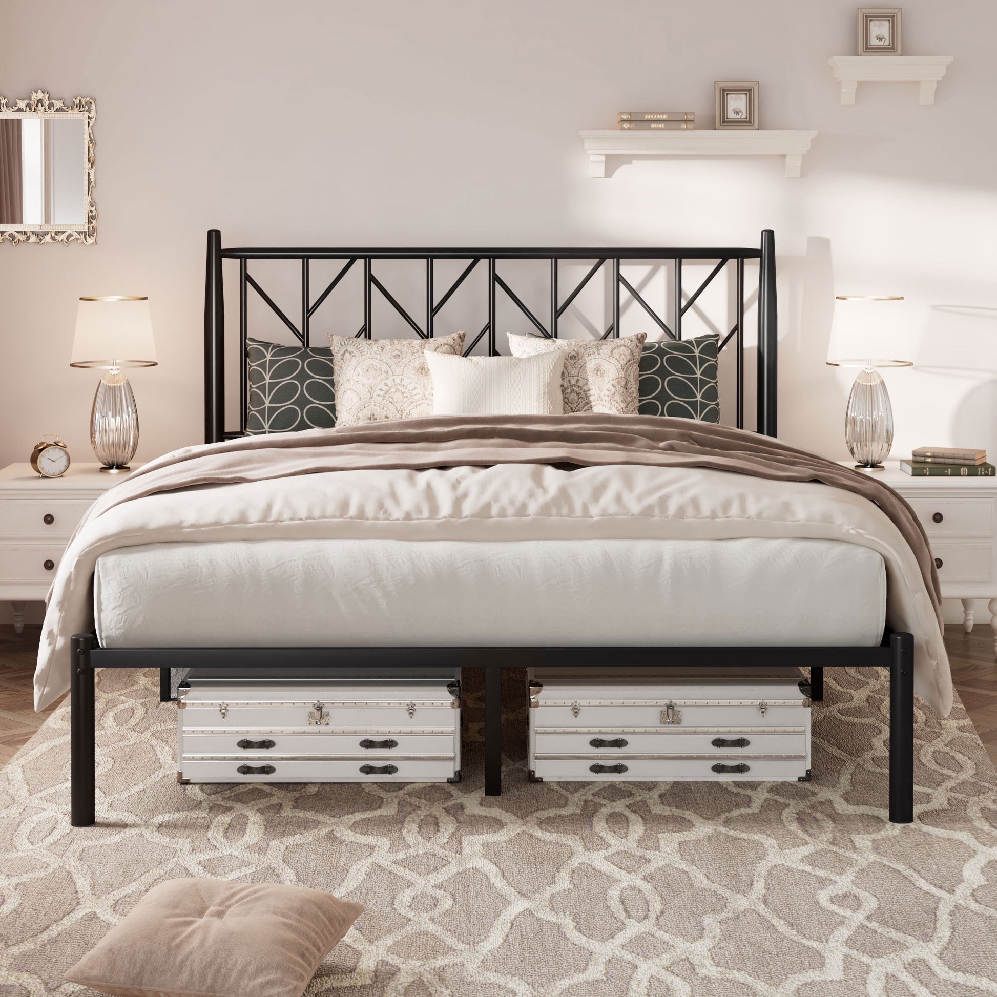 Einfach Metal Platform Bed Frame with Vintage Headboard, Under-Bed Storage