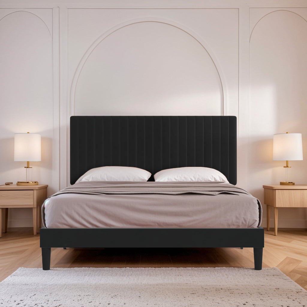 Einfach Platform Bed Frame with Upholstered Adjustable Velvet Vertical Tufted Headboard