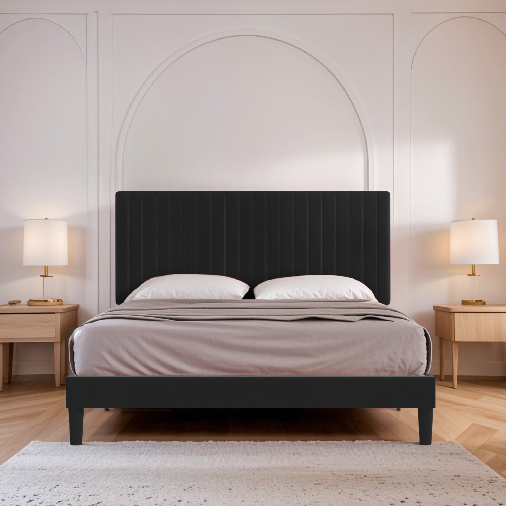 Einfach Platform Bed Frame with Upholstered Adjustable Velvet Vertical Tufted Headboard
