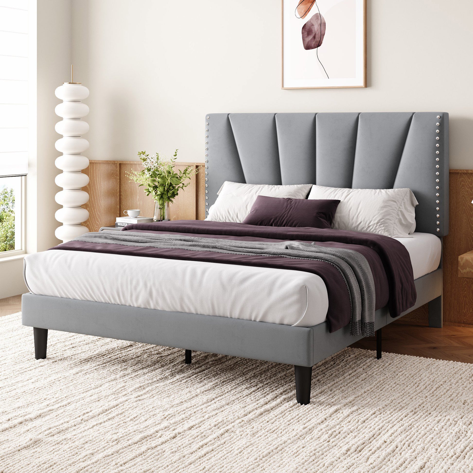 Einfach Premium Velvet Upholstered Platform Bed Frame with Adjustable Headboard,Under-Bed Storage,Heavy-Duty Metal Support, Noise-Free Slats