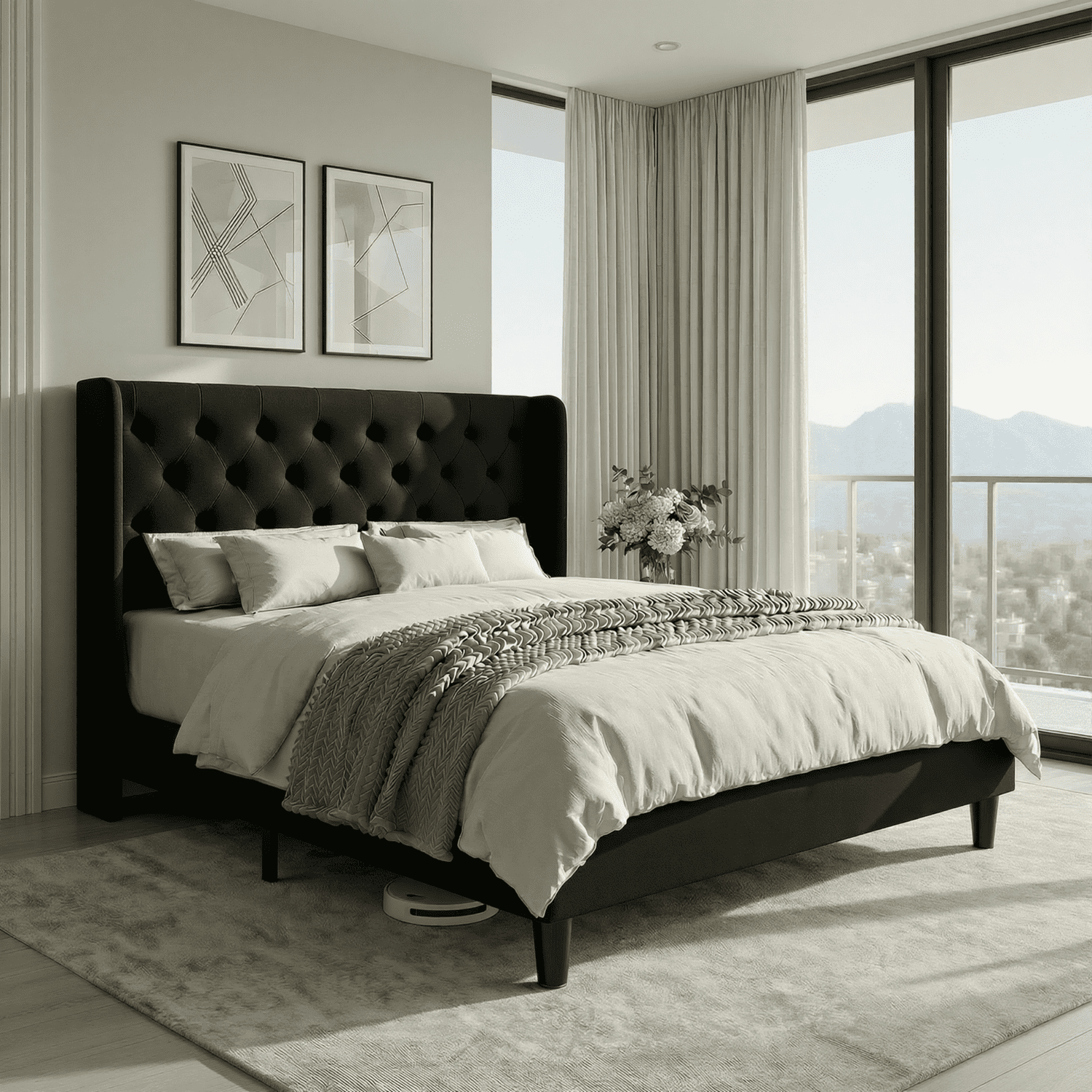 Einfach Upholstered Platform Bed with Classic Button Tufted Headboard, Wingback Design