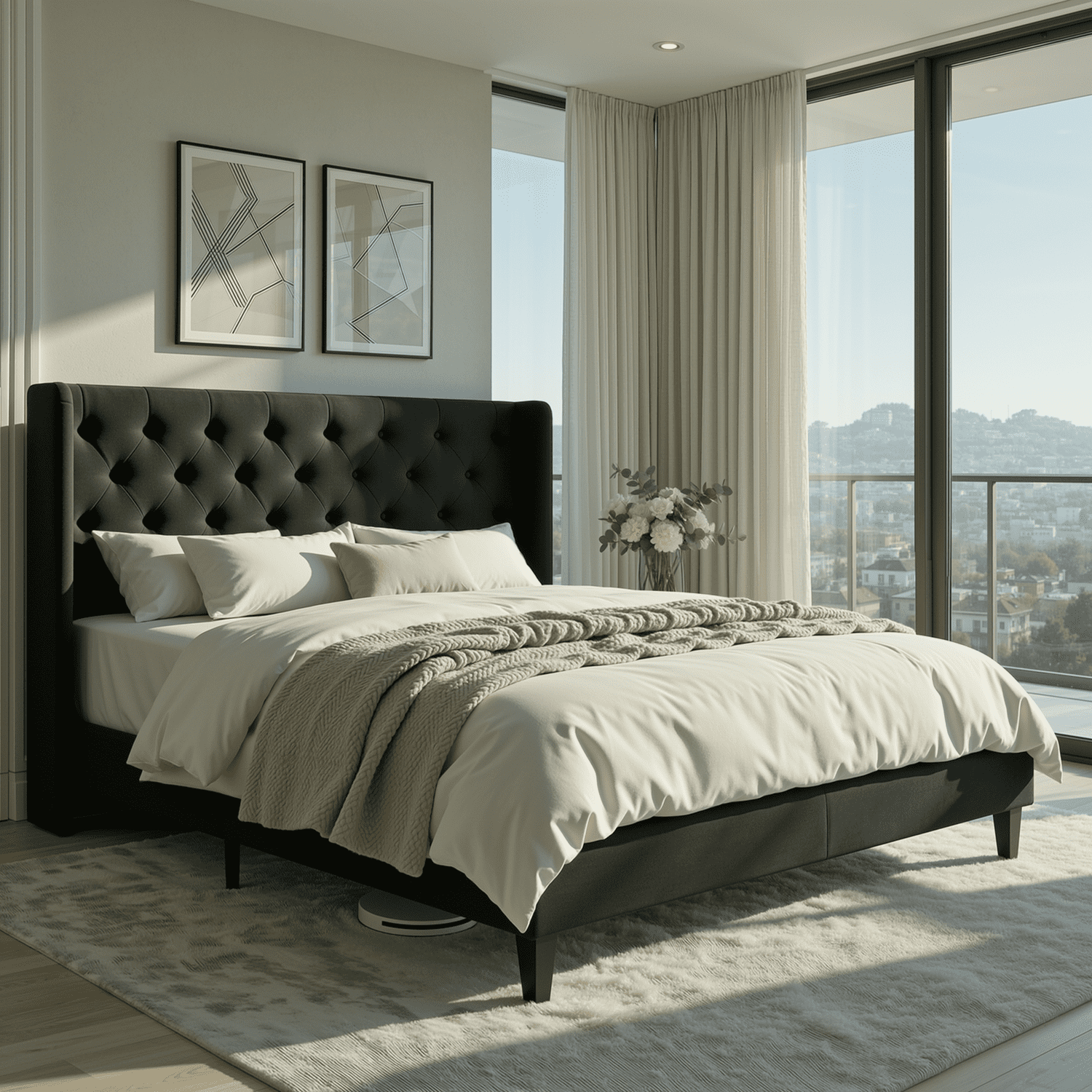 Einfach Upholstered Platform Bed with Classic Button Tufted Headboard, Wingback Design