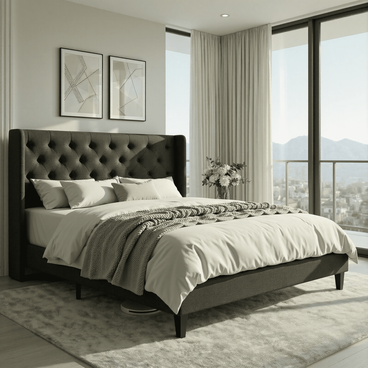 Einfach Upholstered Platform Bed with Classic Button Tufted Headboard, Wingback Design