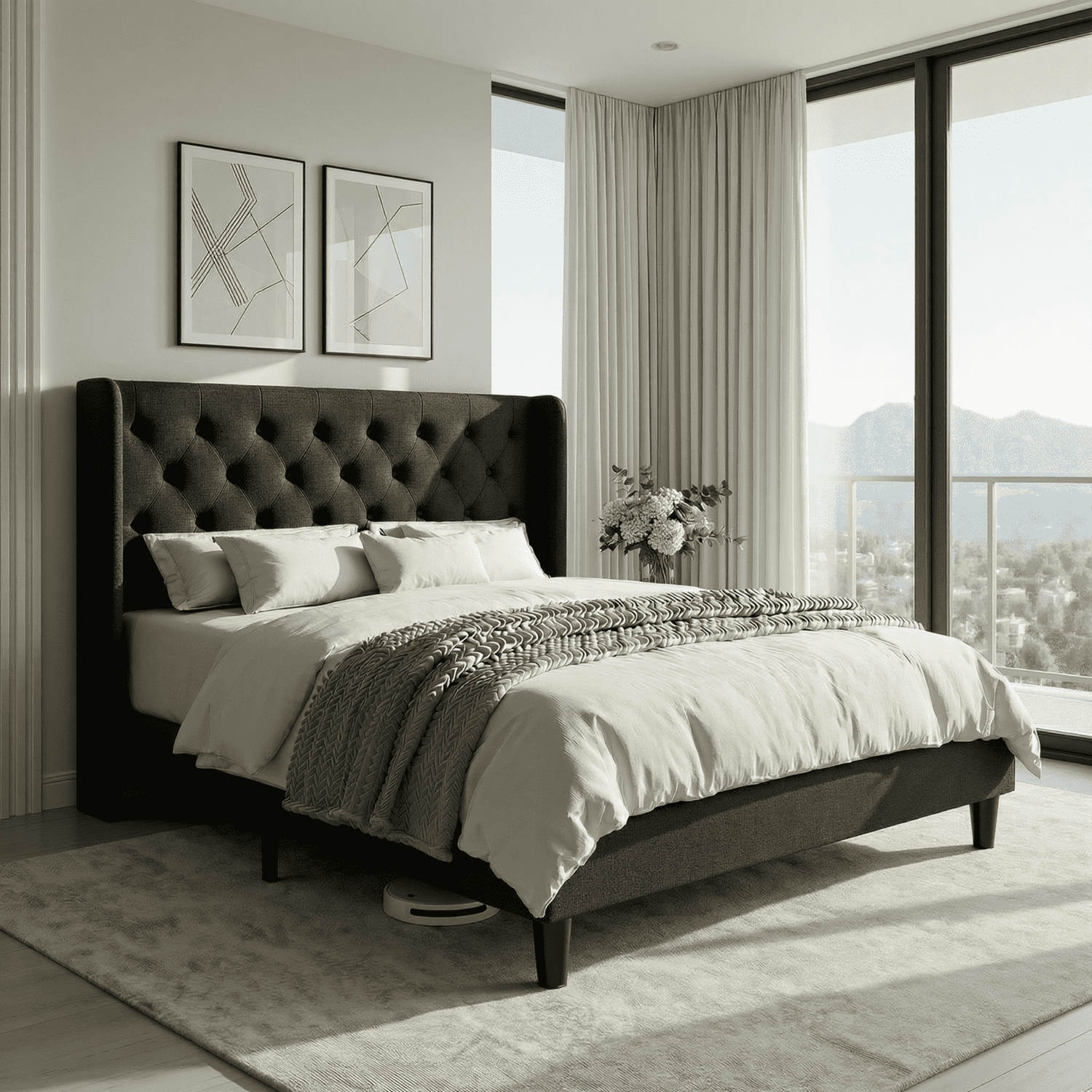 Einfach Upholstered Platform Bed with Classic Button Tufted Headboard, Wingback Design