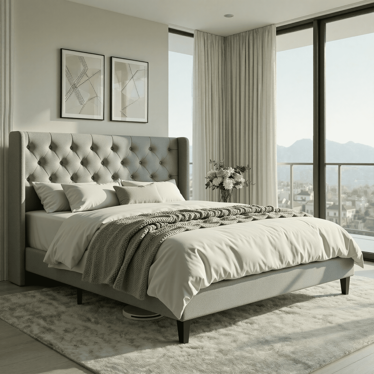 Einfach Upholstered Platform Bed with Classic Button Tufted Headboard, Wingback Design