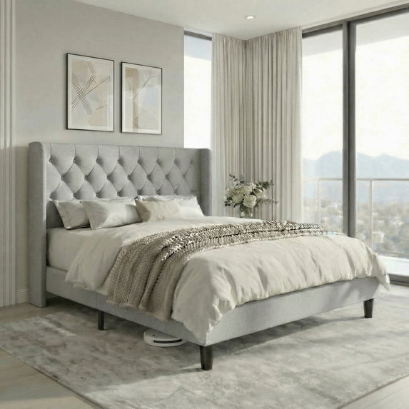 Einfach Upholstered Platform Bed with Classic Button Tufted Headboard, Wingback Design