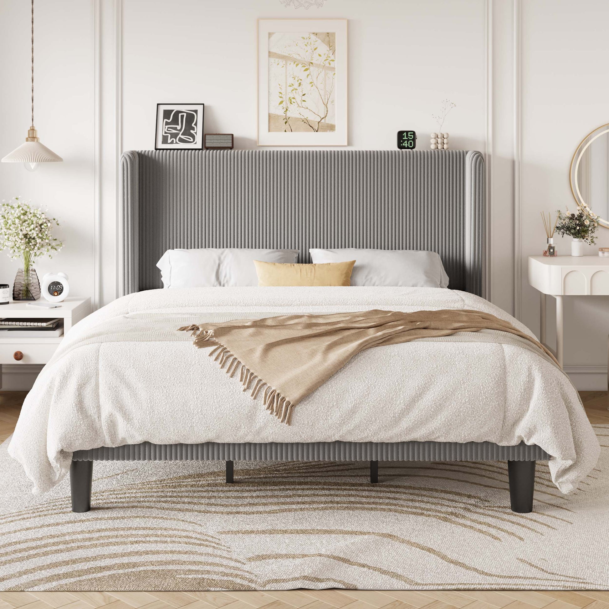 Einfach Luxury Channel-Tufted Corduroy Velvet Platform Bed Frame with Wingback Headboard