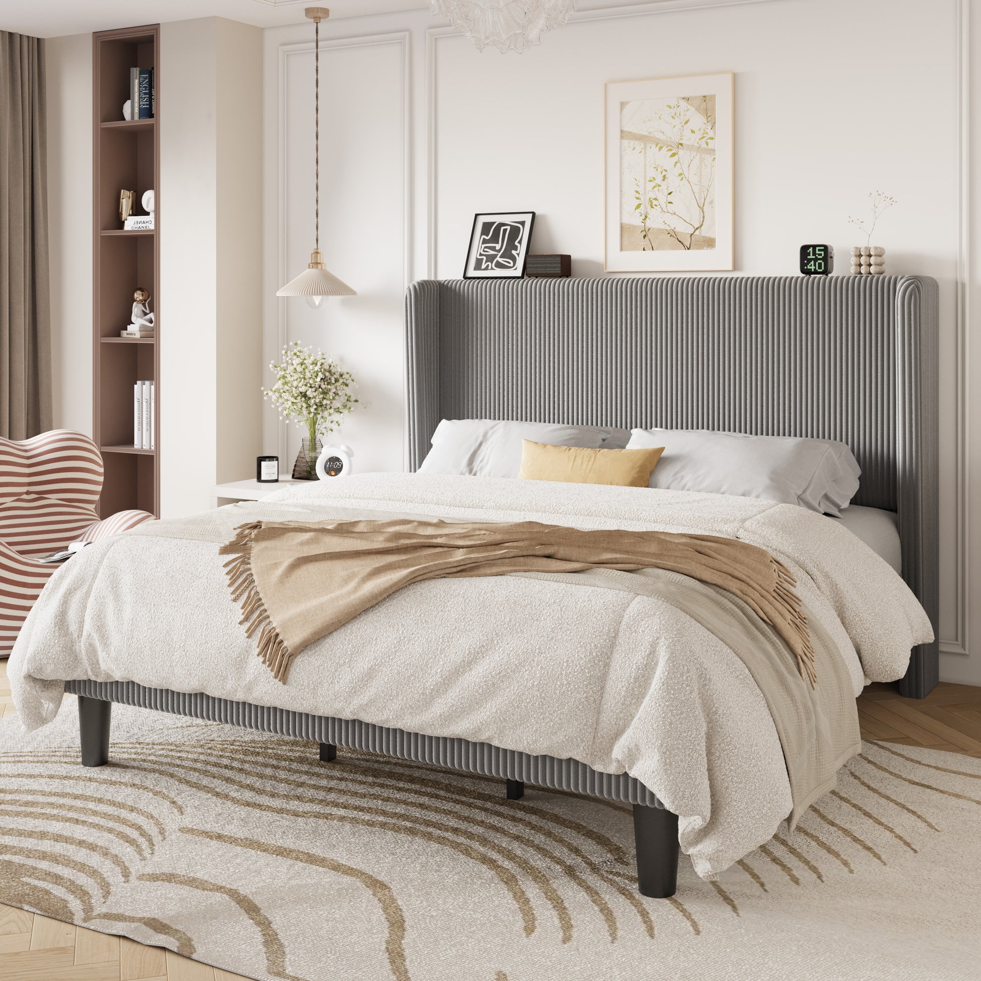 Einfach Luxury Channel-Tufted Corduroy Velvet Platform Bed Frame with Wingback Headboard