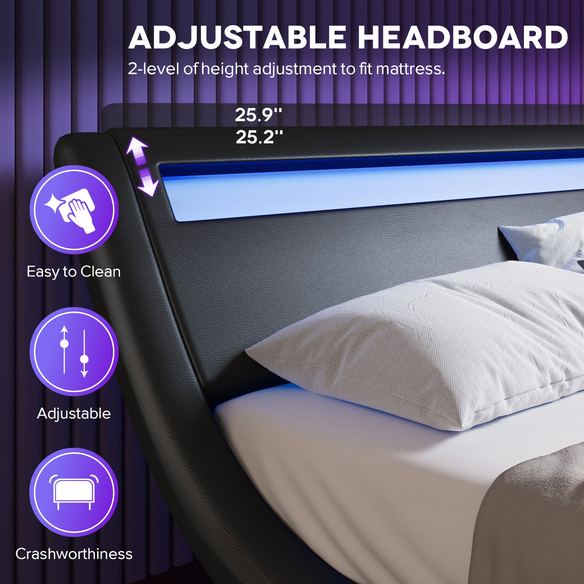 Einfach Faux Leather LED Sleigh Bed with Functional Headboard