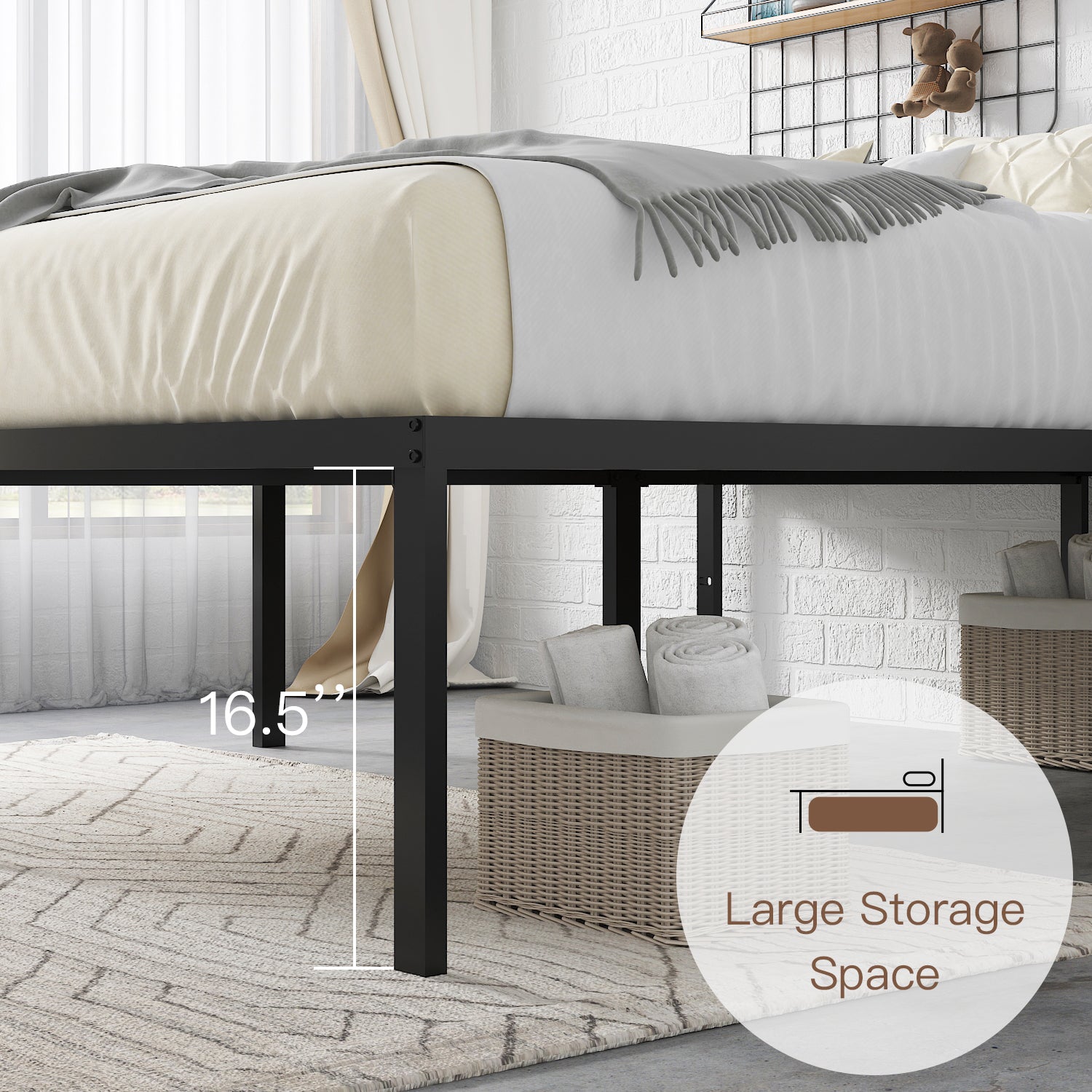 Einfach Platform Bed Frame with Metal Slat Support,16.5'' Under-bed Storage Space, Black