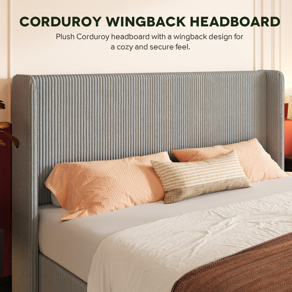 Einfach Hydraulic Lift Up Storage Bed Frame, Corduroy Upholstered Wingback Headboard, Ample Under-bed Storage