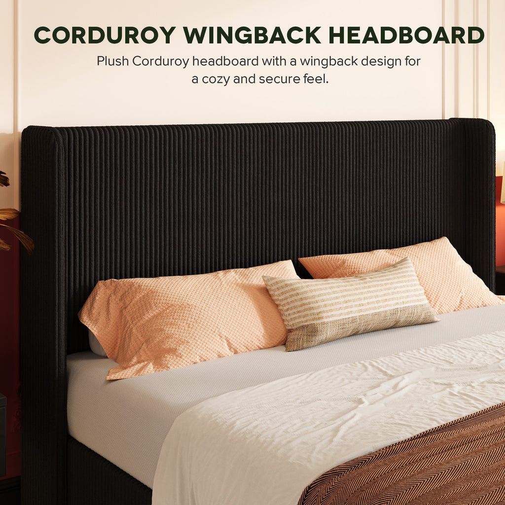 Einfach Hydraulic Lift Up Storage Bed Frame, Corduroy Upholstered Wingback Headboard, Ample Under-bed Storage