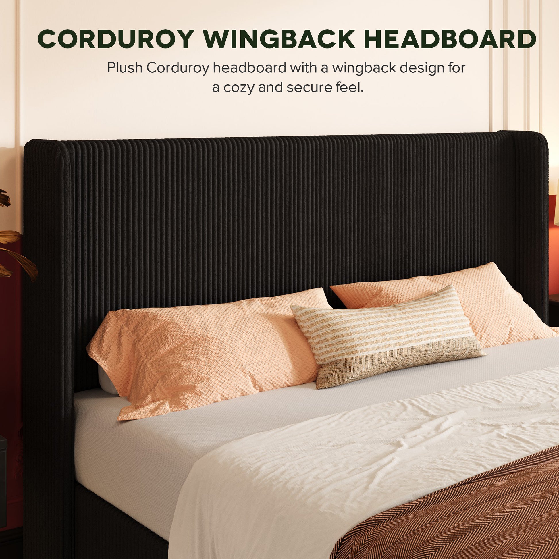 Einfach Hydraulic Lift Up Storage Bed Frame, Corduroy Upholstered Wingback Headboard, Ample Under-bed Storage