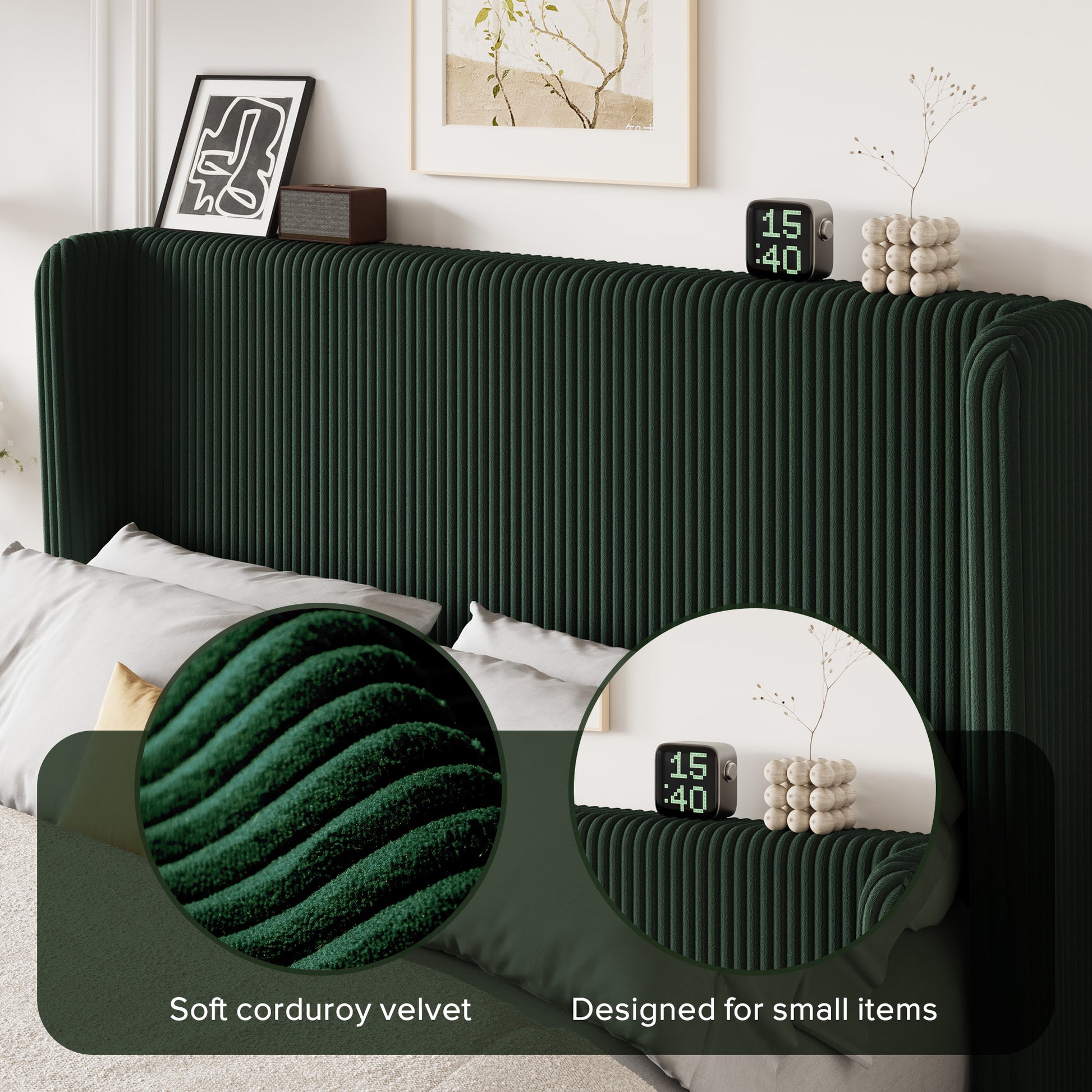 Einfach Luxury Channel-Tufted Corduroy Velvet Platform Bed Frame with Wingback Headboard