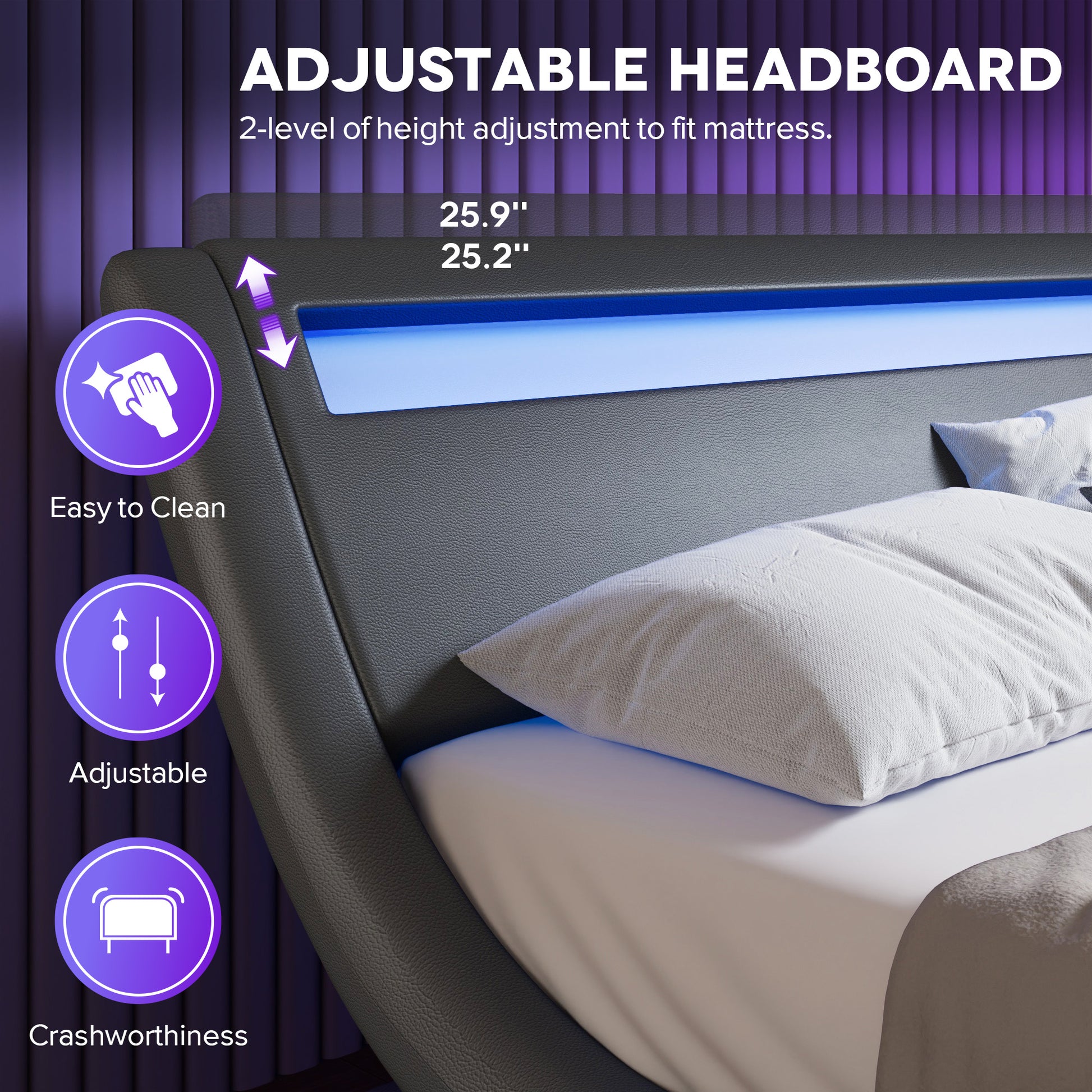 Einfach Faux Leather LED Sleigh Bed with Functional Headboard